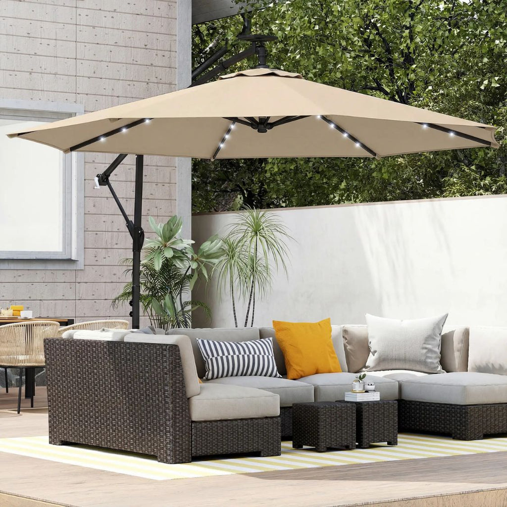 Ampelschirm 3×3 m mit Integrierter LED-Beleuchtung – 360° Verstellbar für Terrasse & Garten