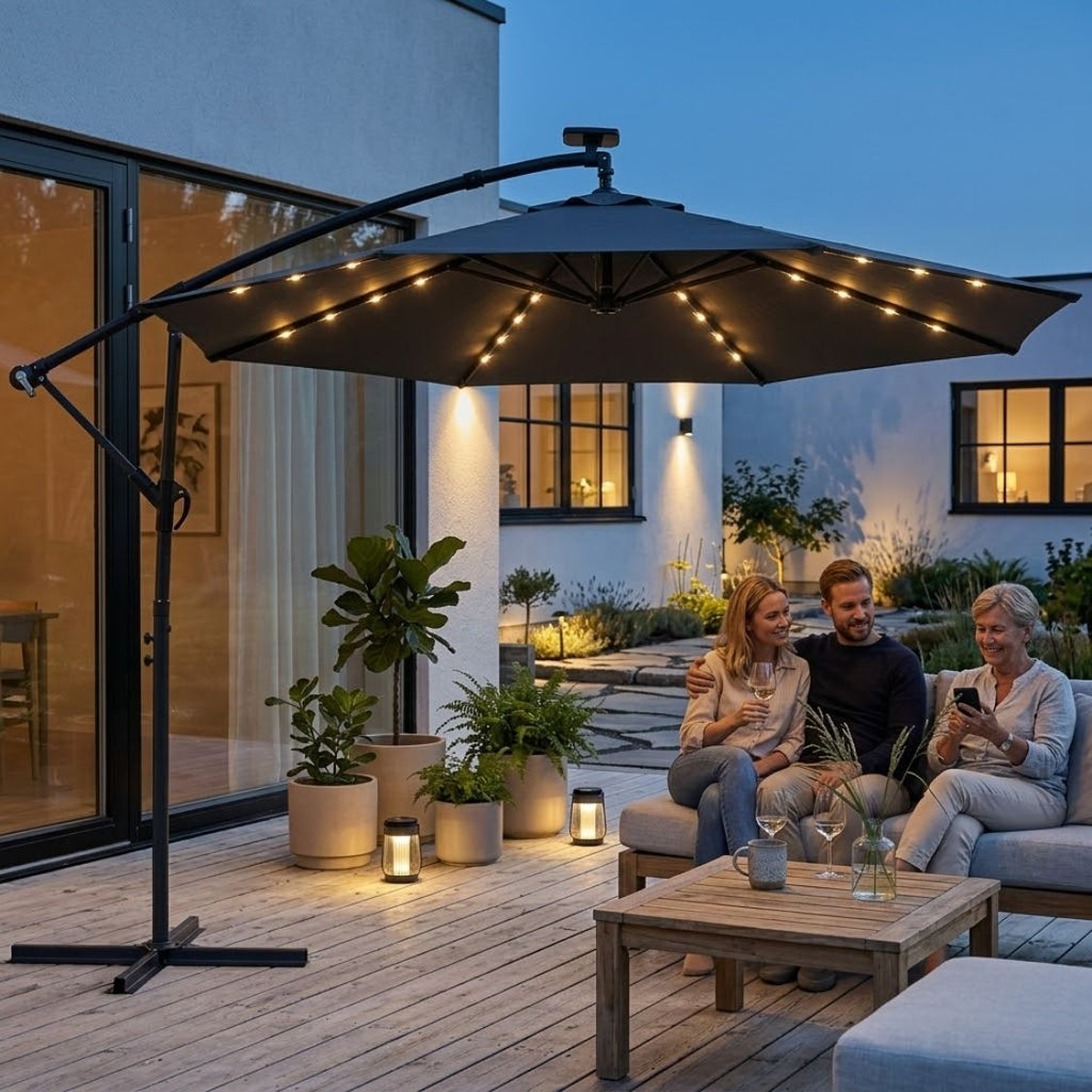 Ampelschirm 3×3 m mit Integrierter LED-Beleuchtung – 360° Verstellbar für Terrasse & Garten