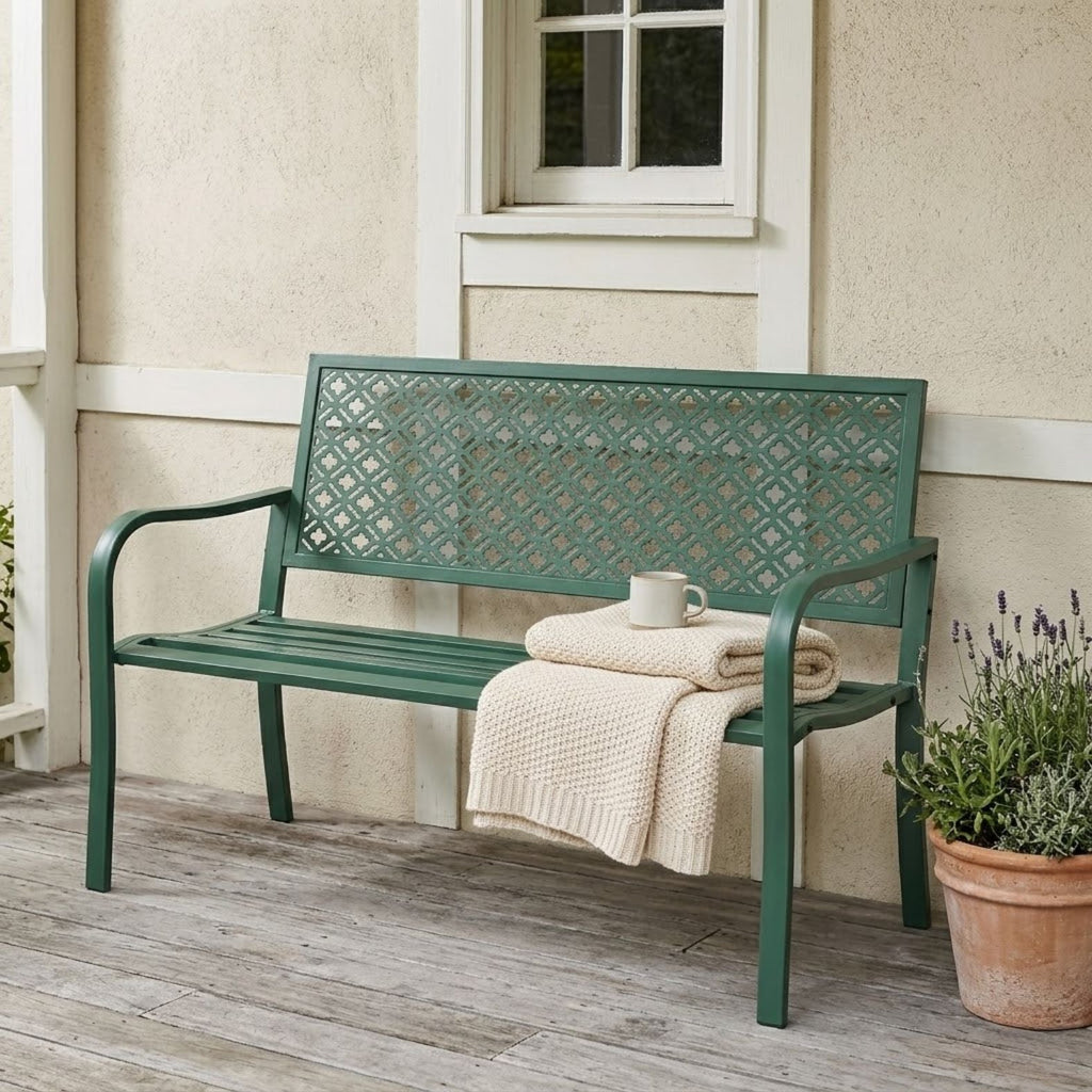Stilvolle 2-Sitzer Gartenbank aus Metall – Wetterfestes Design – 127 cm – Dunkelgrün