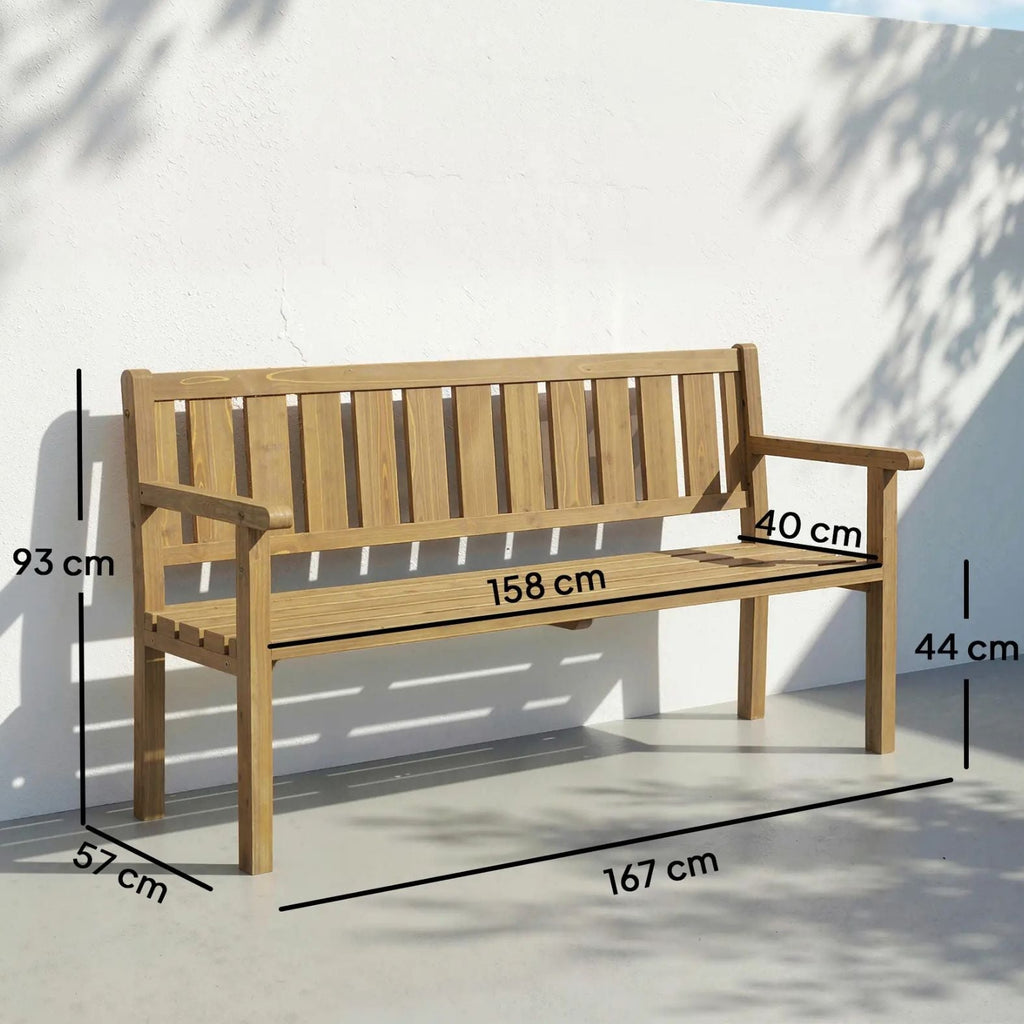 Stabile Gartenbank aus Massivem Tannenholz für 3 Personen – Wetterfeste Parkbank mit Armlehnen – 167 cm