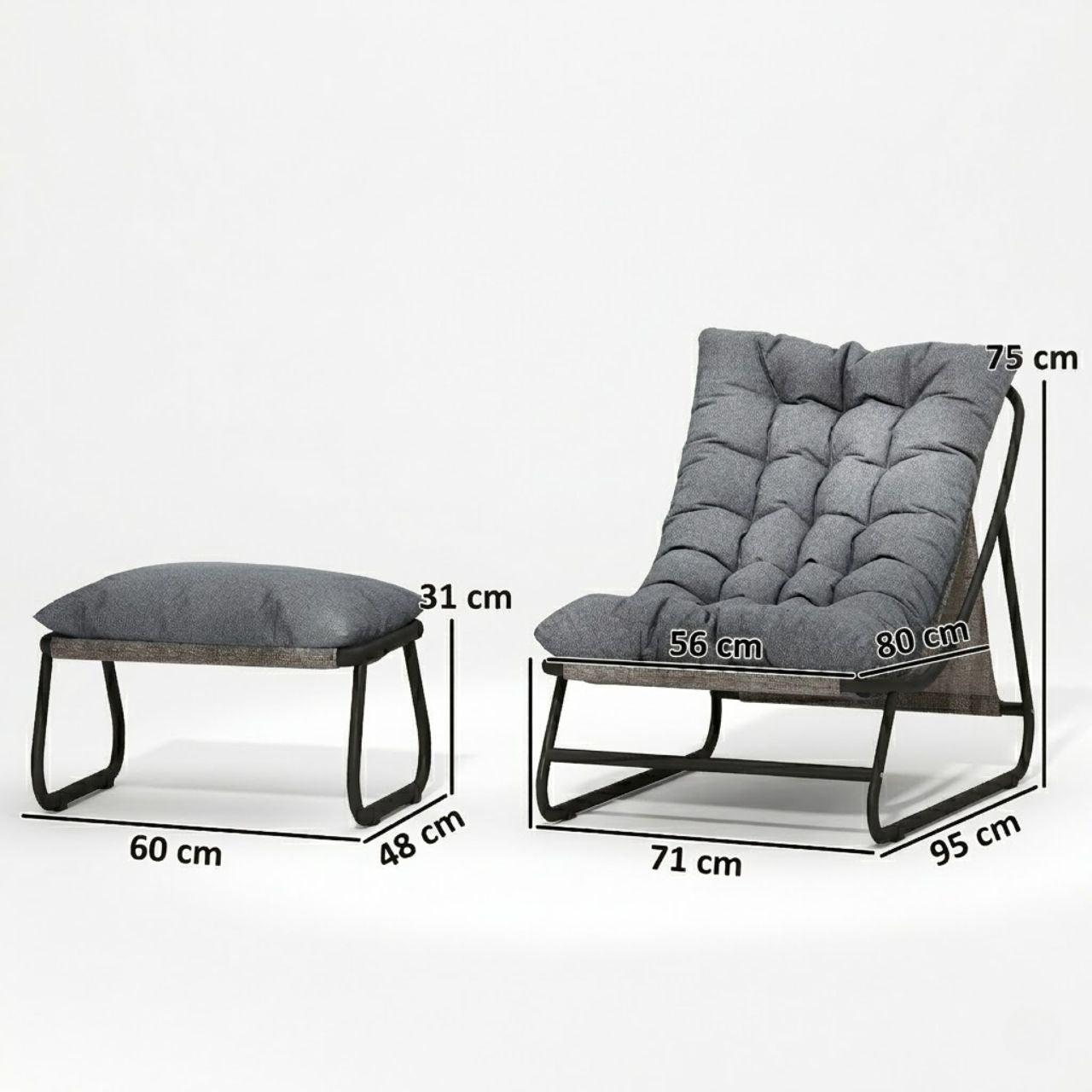 Stilvoller Loungesessel mit Fußhocker – 13 cm Dickes Polster – Dunkelgrau