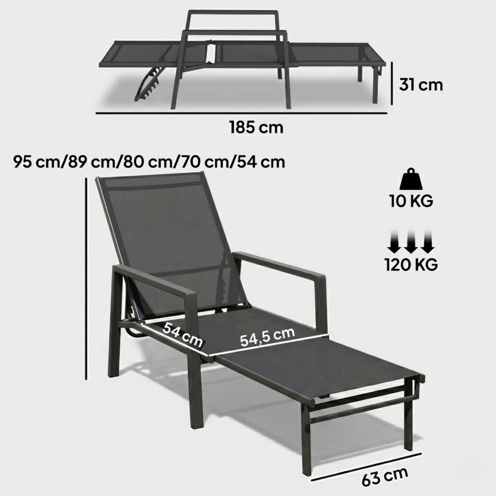Klappbare Sonnenliege mit Cleverem 2-in-1-Design und Ausziehbarer Fußstütze – Verstellbare Rückenlehne in 5 Positionen – Für Garten & Balkon