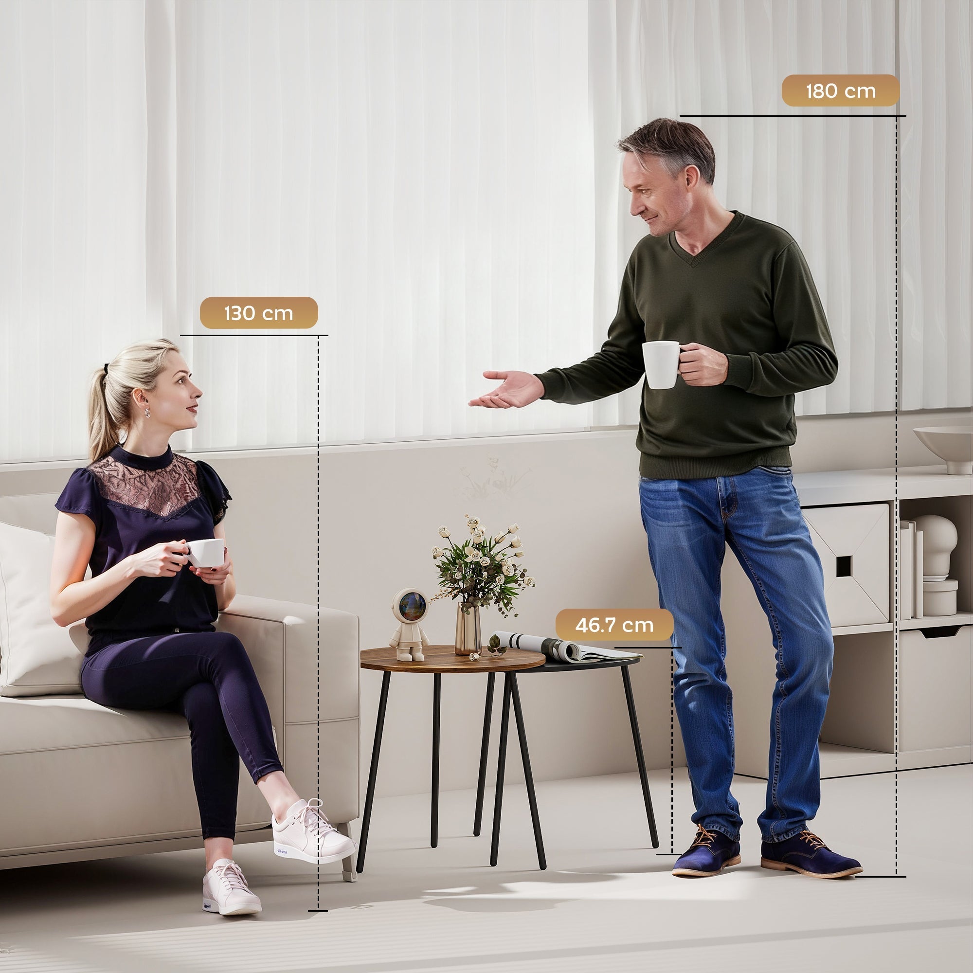 Elegantes Set mit 2 Satztischen in Walnussoptik und Schwarz – Runder & Dreieckiger Couchtisch im Modernen Design