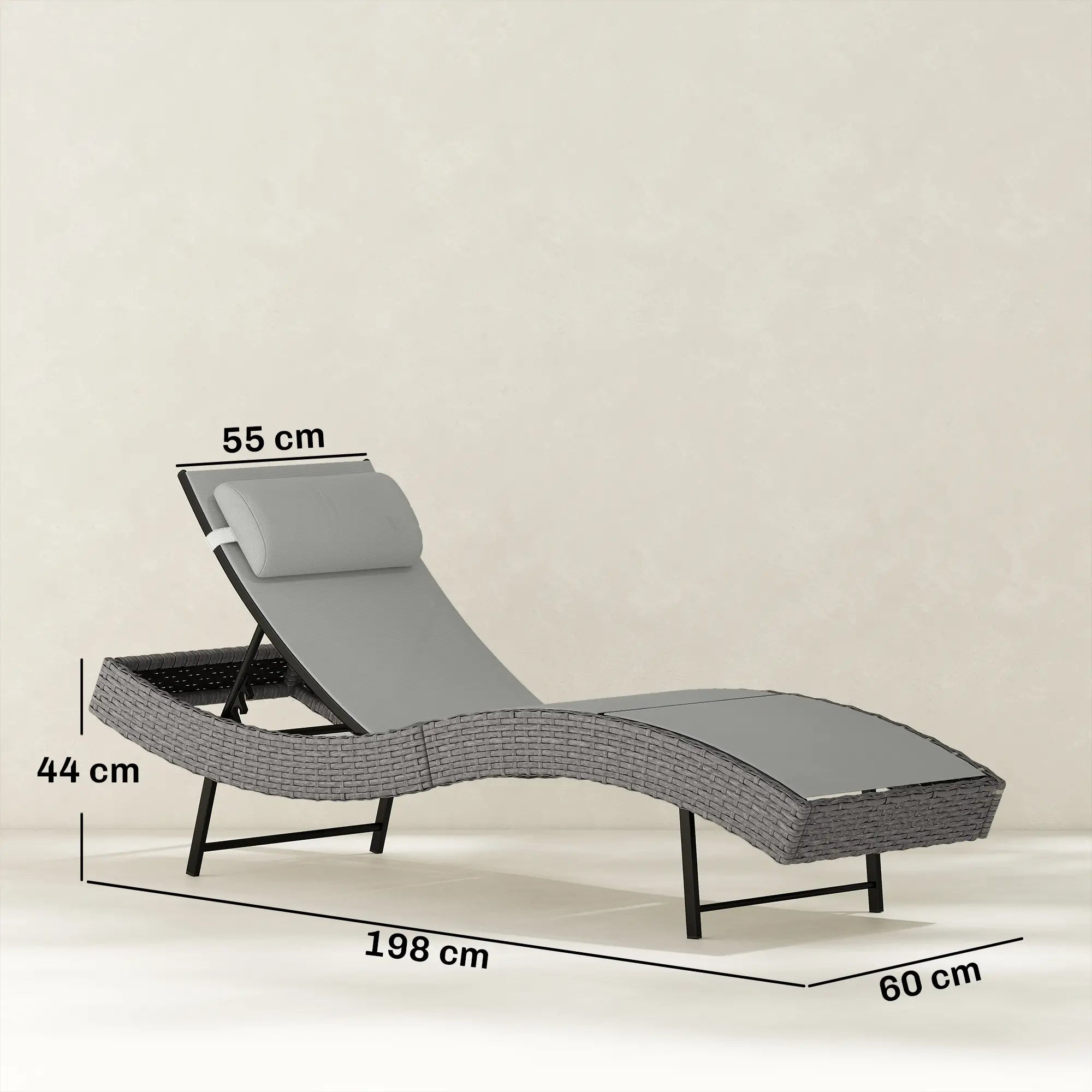 Stilvolle ergonomische S-förmige Sonnenliege aus Polyrattan – Verstellbare Rückenlehne – Grau