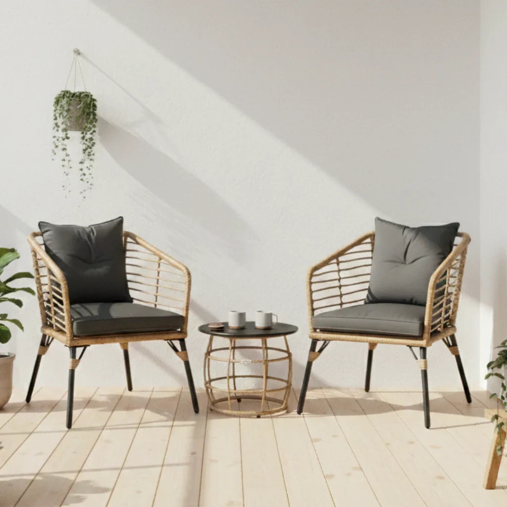 Rattan Sitzgruppe mit Polstern für Balkon und Terrasse – 2 Loungesessel und Tisch