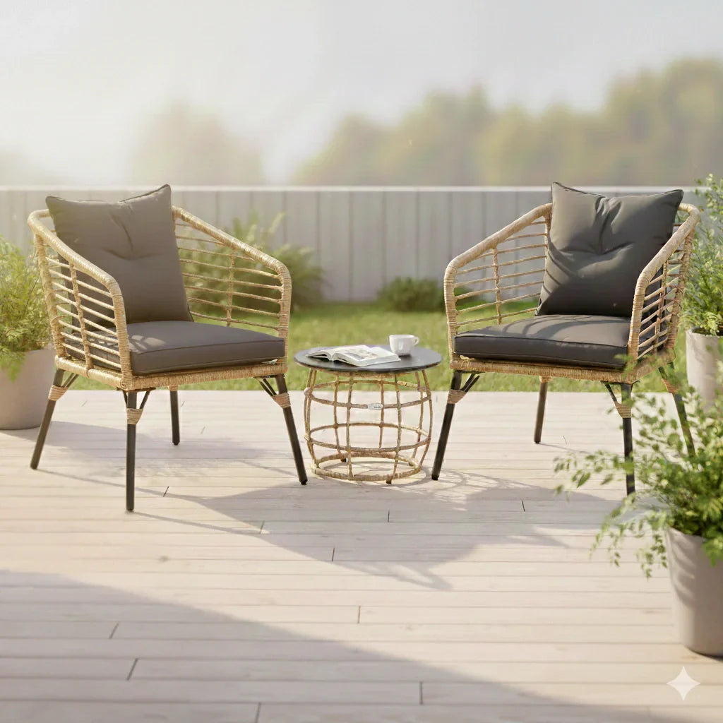 Rattan Sitzgruppe mit Polstern für Balkon und Terrasse – 2 Loungesessel und Tisch