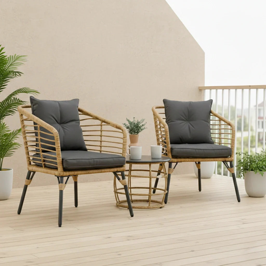 Rattan Sitzgruppe mit Polstern für Balkon und Terrasse – 2 Loungesessel und Tisch