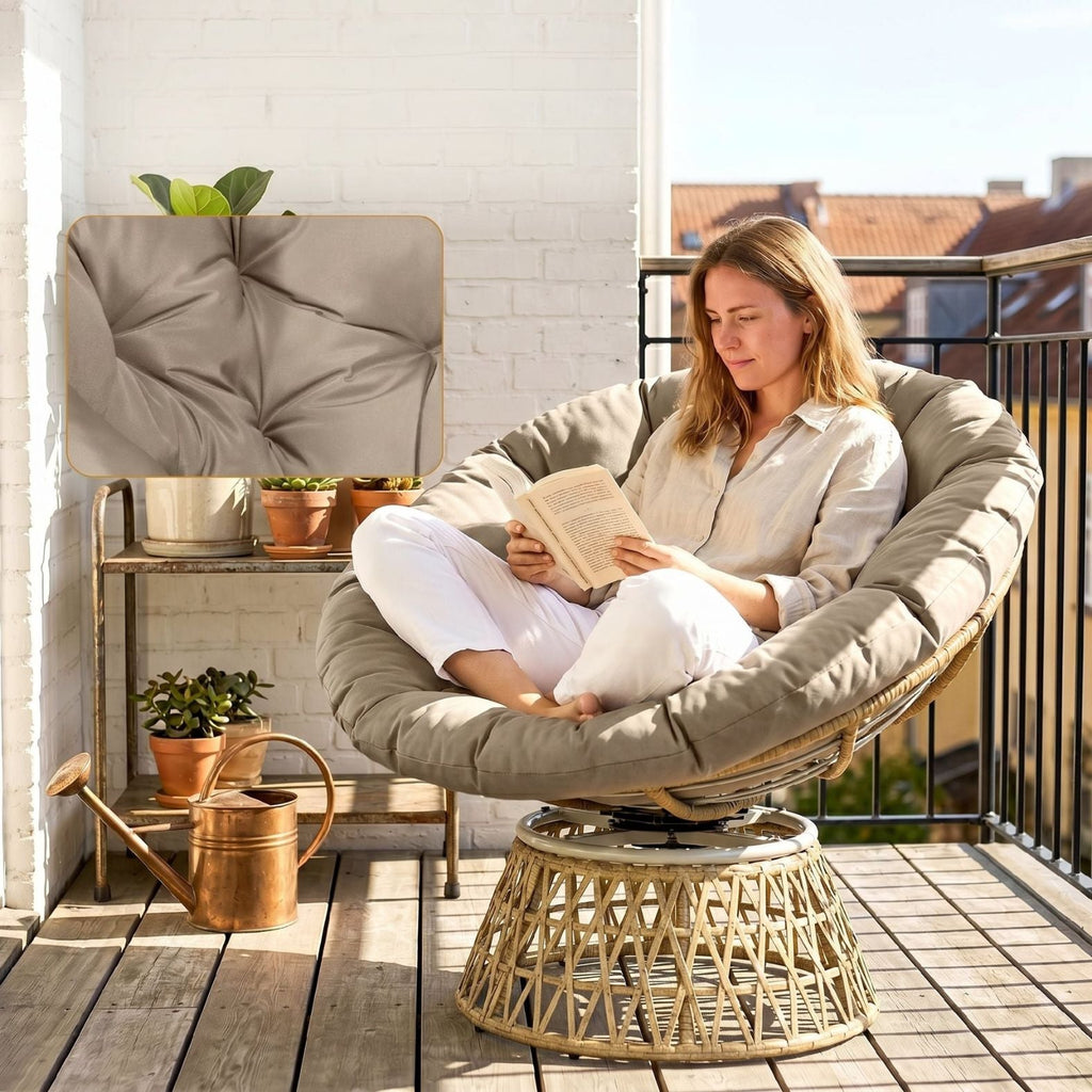 Rattan-Loungeset mit 2 drehbaren Sesseln, Tisch und dicken Polstern – 360°-Funktion