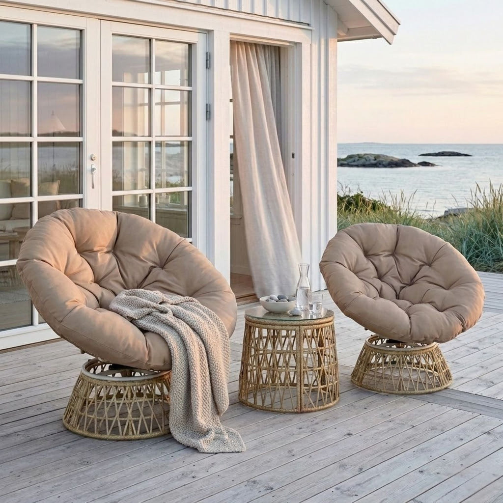 Rattan-Loungeset mit 2 drehbaren Sesseln, Tisch und dicken Polstern – 360°-Funktion