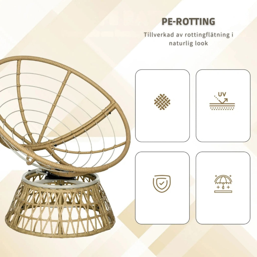Rattan-Loungeset mit 2 drehbaren Sesseln, Tisch und dicken Polstern – 360°-Funktion