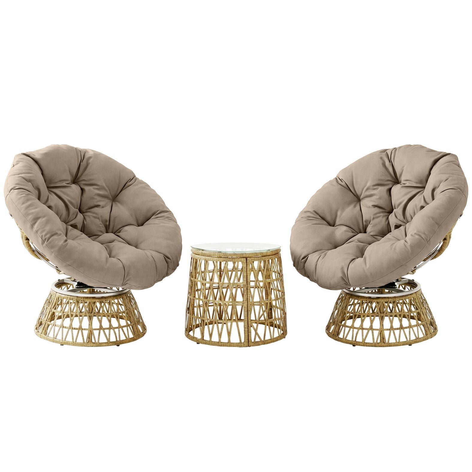 Rattan-Loungeset mit 2 drehbaren Sesseln, Tisch und dicken Polstern – 360°-Funktion