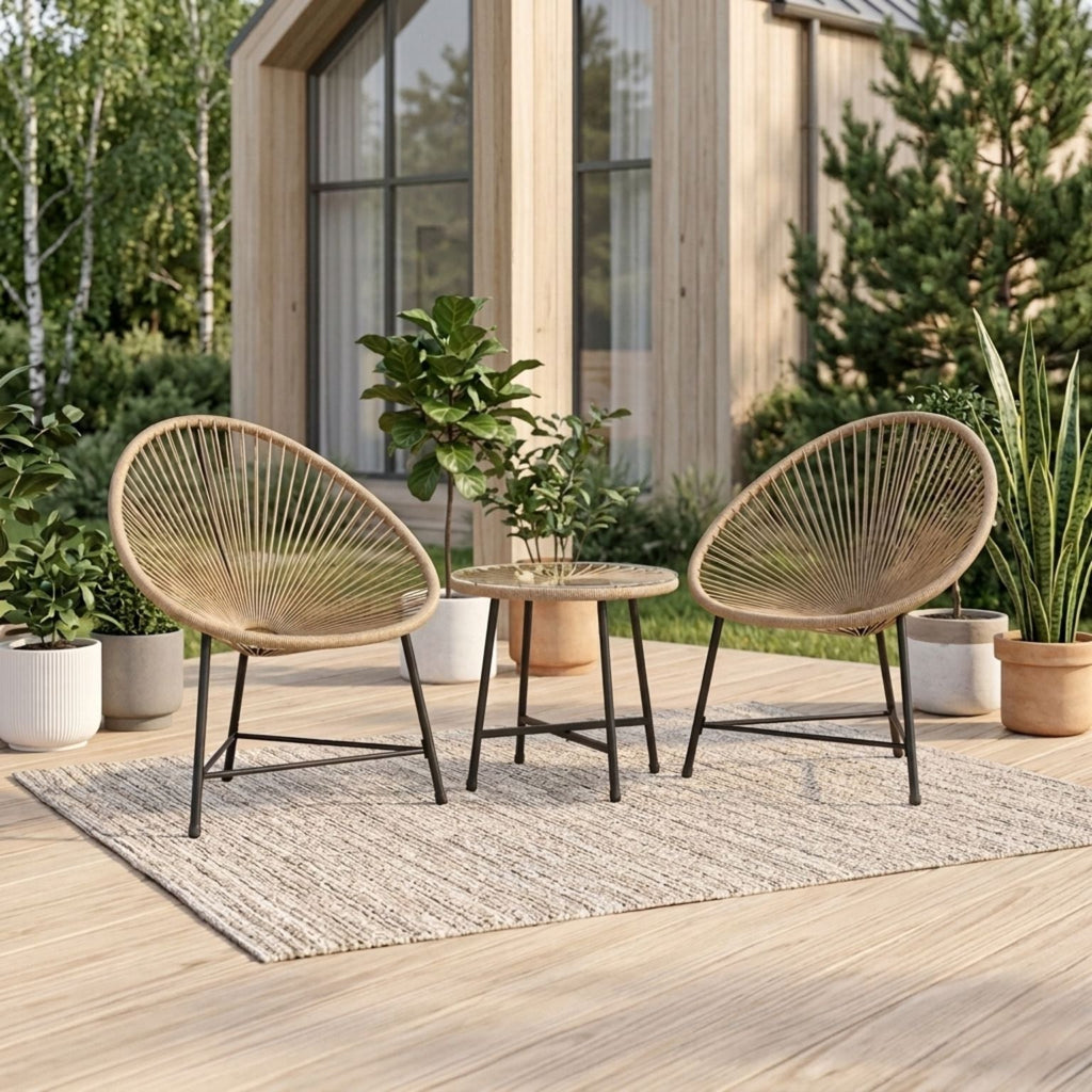 Stilvolle Acapulco Sitzgruppe für Balkon und Terrasse – 2 Sessel und Tisch – Naturfarbenes Rattan