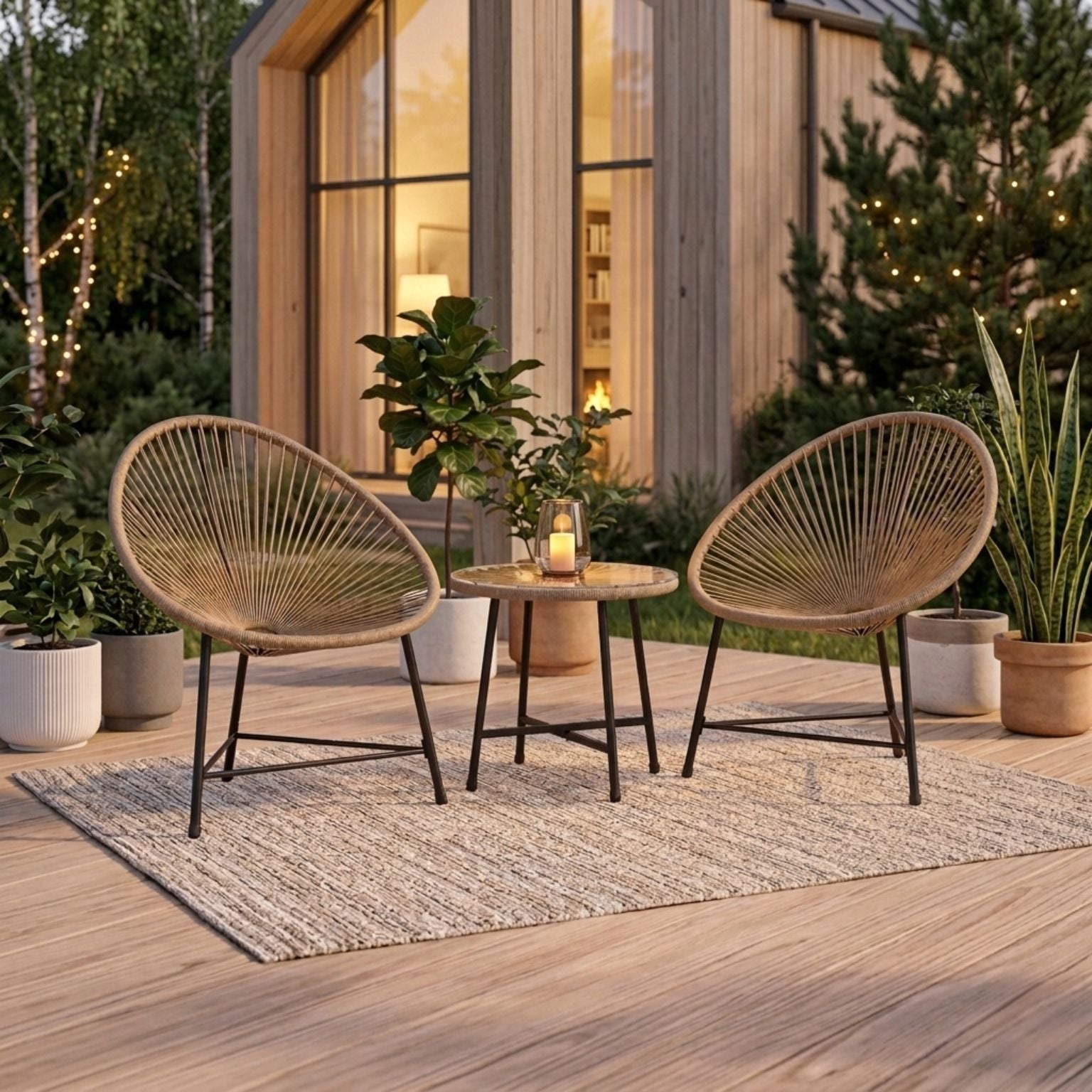 Stilvolle Acapulco Sitzgruppe für Balkon und Terrasse – 2 Sessel und Tisch – Naturfarbenes Rattan