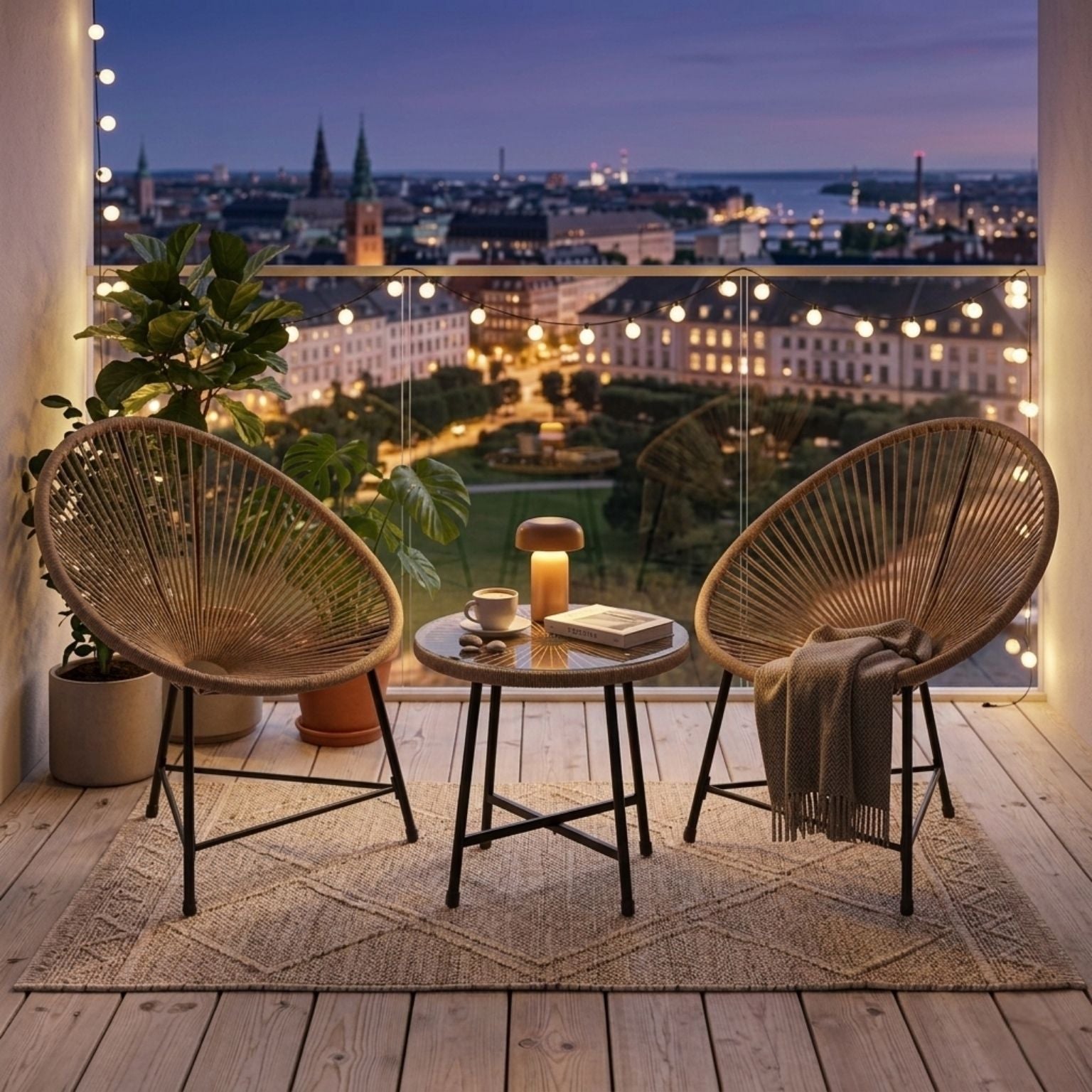 Stilvolle Acapulco Sitzgruppe für Balkon und Terrasse – 2 Sessel und Tisch – Naturfarbenes Rattan