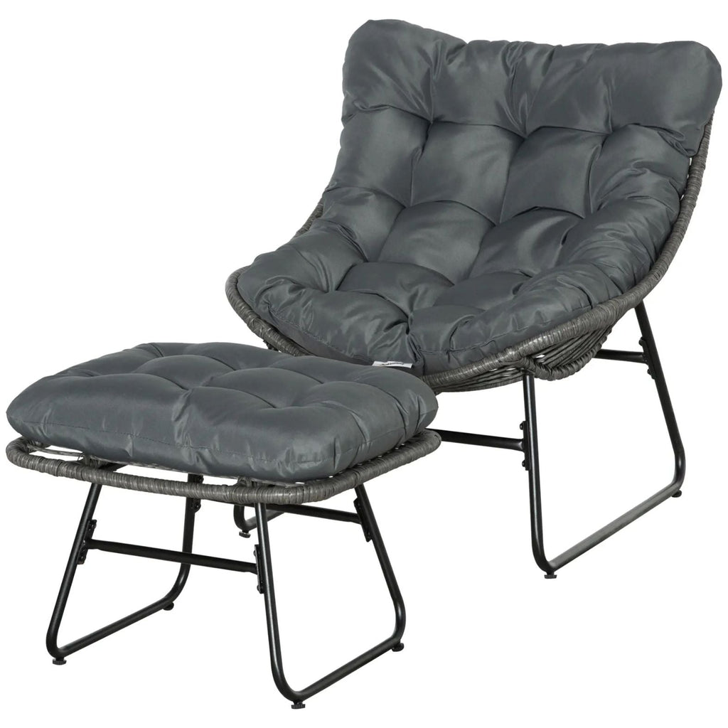 Bequemer Loungesessel aus Polyrattan mit Fußhocker und Dicken Polstern – Komfortabler Relaxsessel für Garten & Balkon – Grau