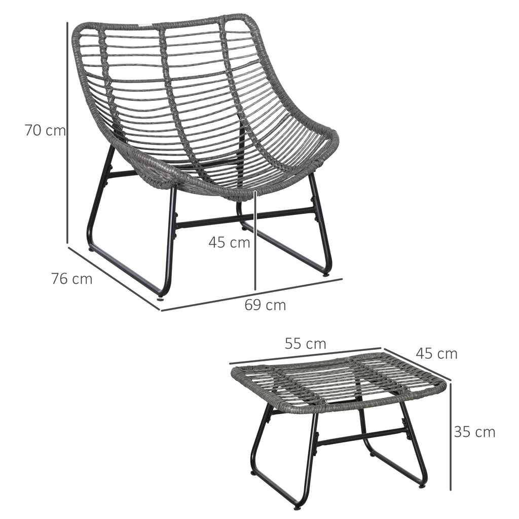 Bequemer Loungesessel aus Polyrattan mit Fußhocker und Dicken Polstern – Komfortabler Relaxsessel für Garten & Balkon – Grau