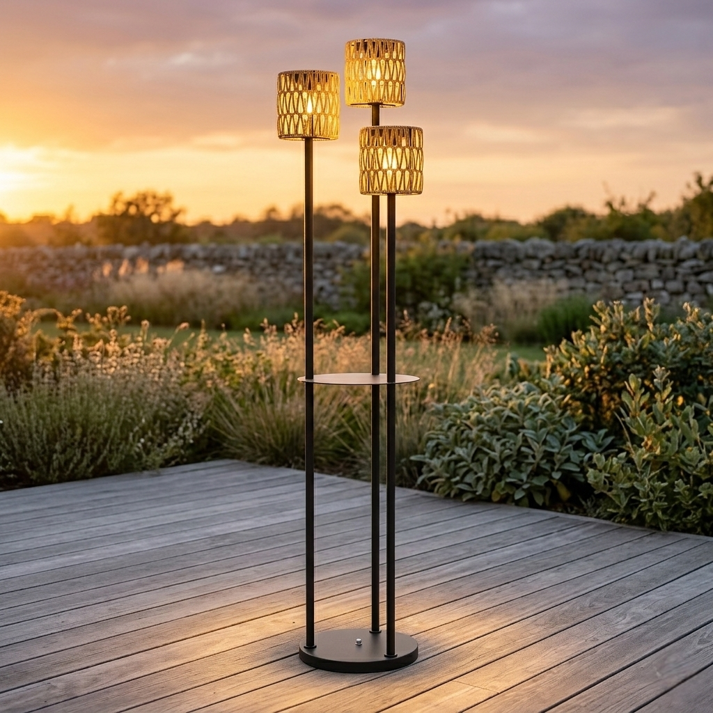 Elegante Solarbetriebene Gartenlampe aus Rattan mit Drei Lampenschirmen