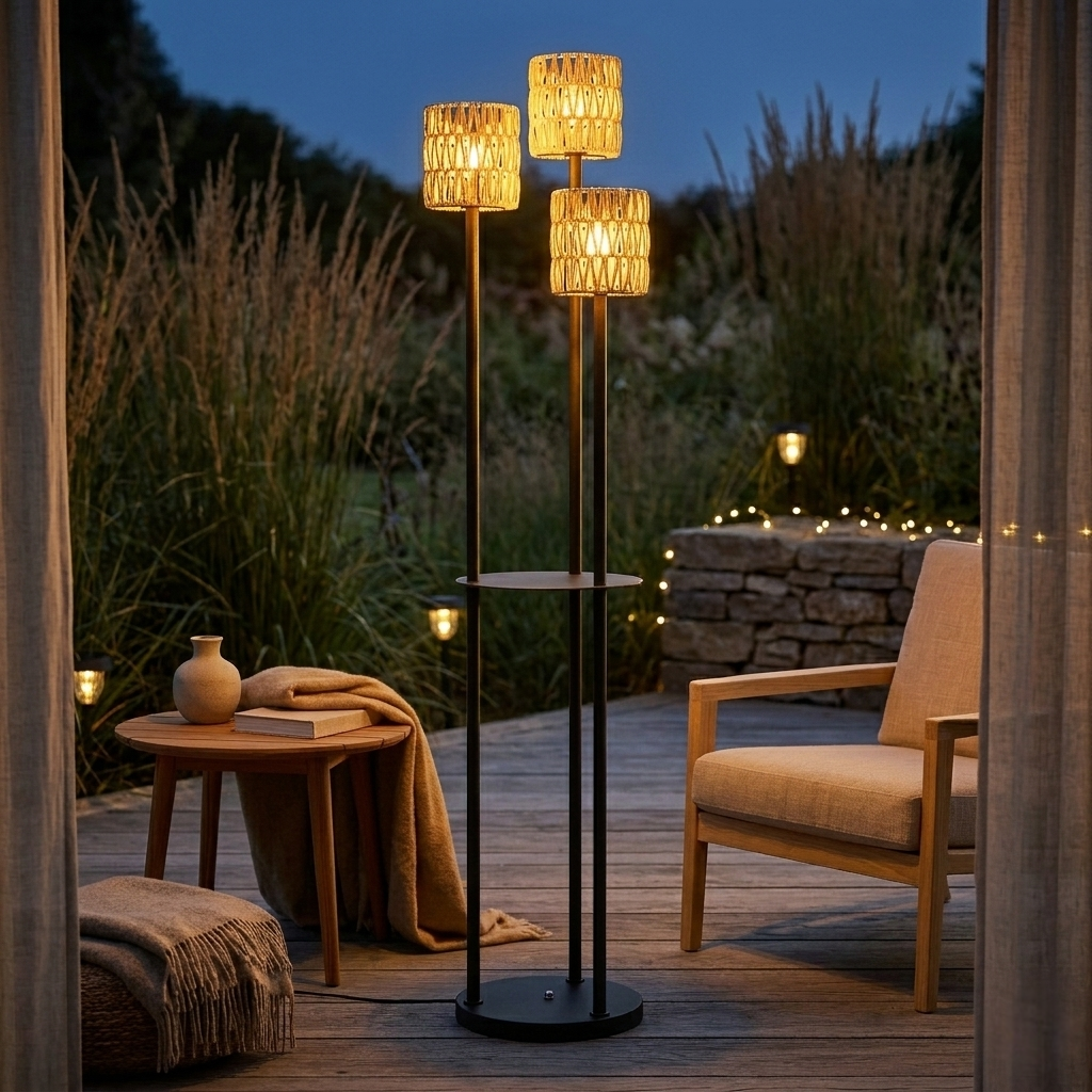 Elegante Solarbetriebene Gartenlampe aus Rattan mit Drei Lampenschirmen