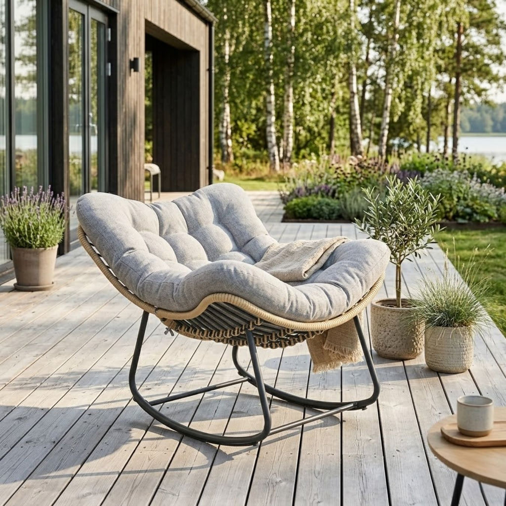 Großer Schaukelnder Lounge-Sessel aus Polyrattan – Dickes Kissen – für Innen und Außen