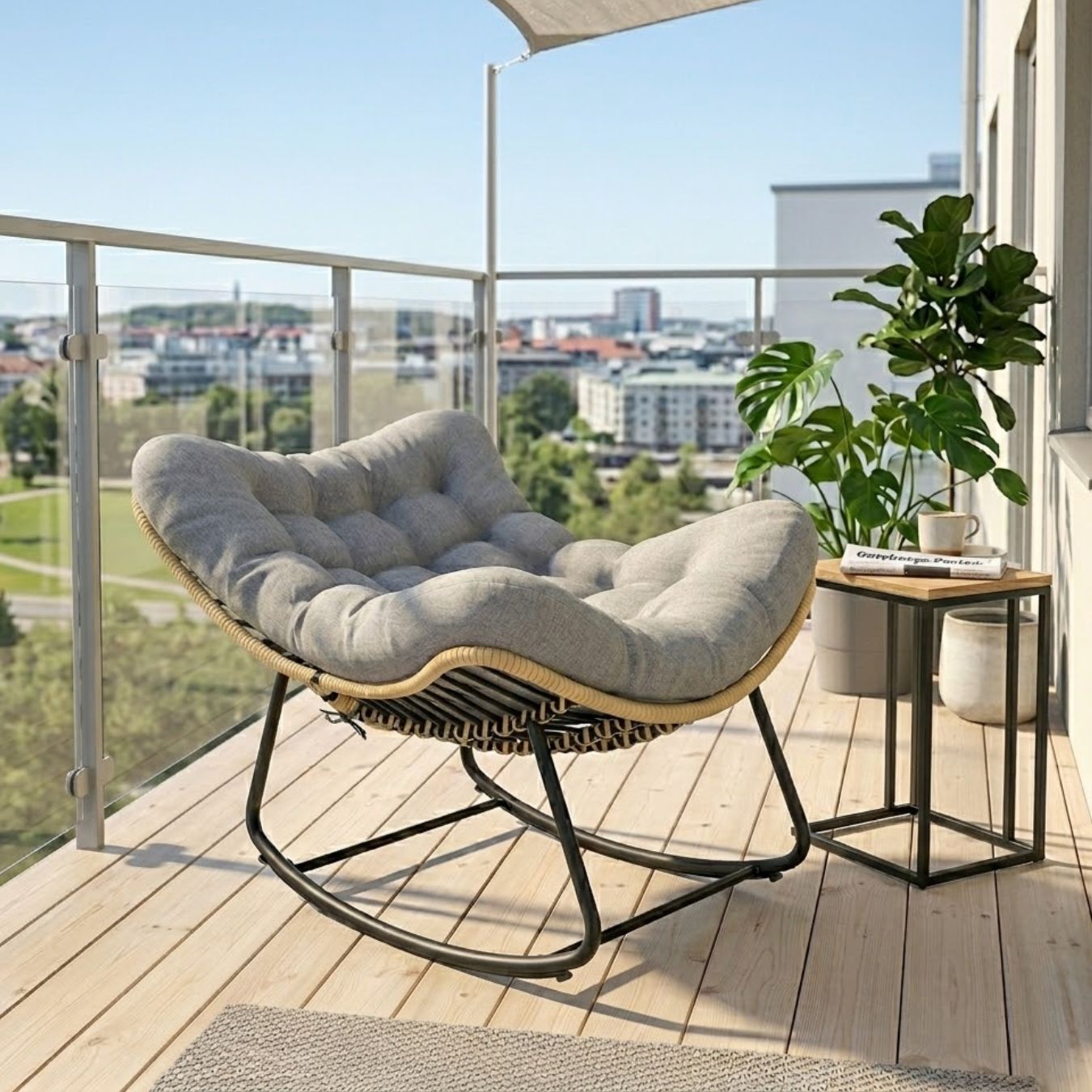 Großer Schaukelnder Lounge-Sessel aus Polyrattan – Dickes Kissen – für Innen und Außen