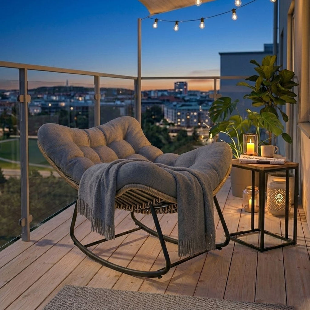 Großer Schaukelnder Lounge-Sessel aus Polyrattan – Dickes Kissen – für Innen und Außen