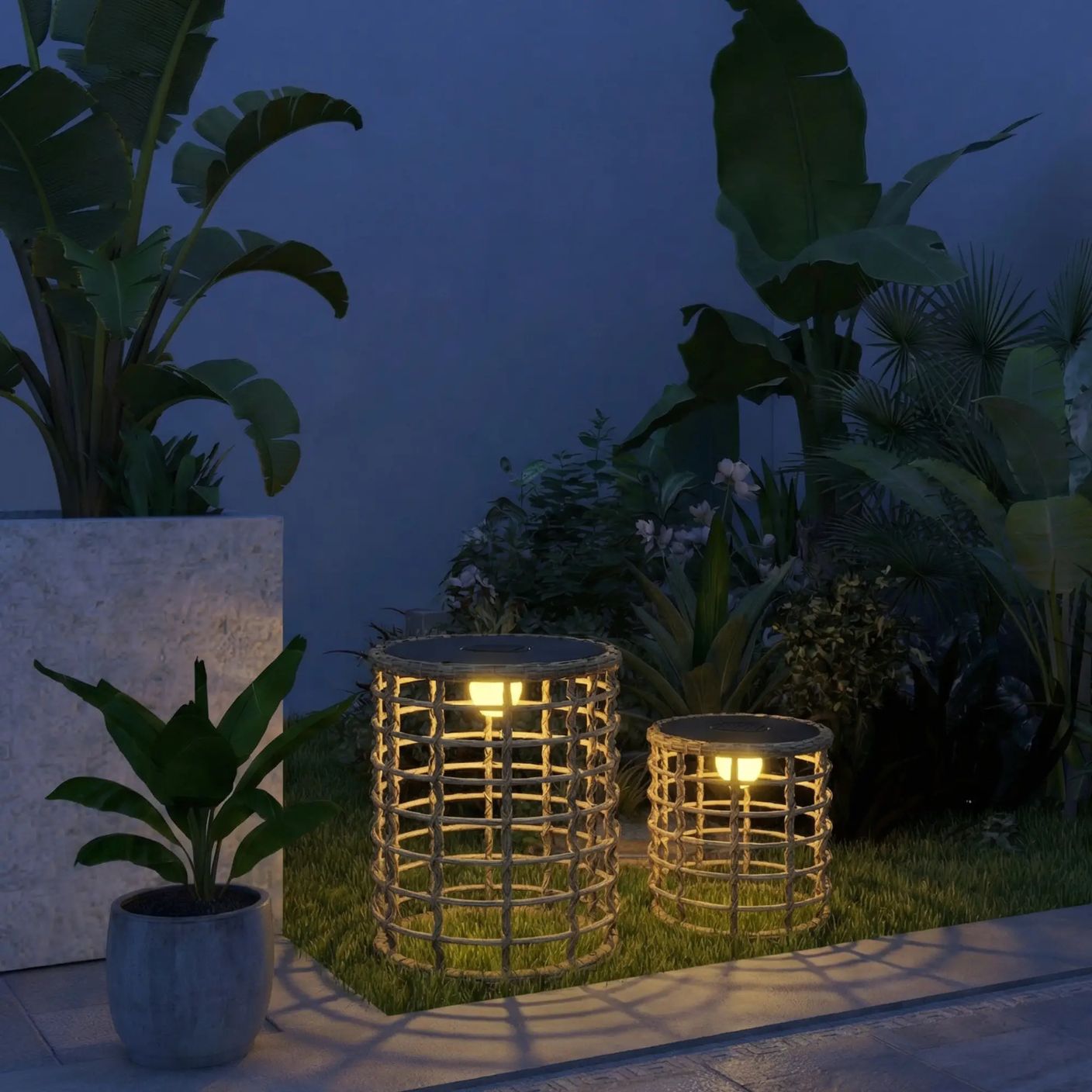 Rattan-Solarlampen – 2er-Set Beistelltische mit Beleuchtung für Terrasse – Ø45 & 35 cm