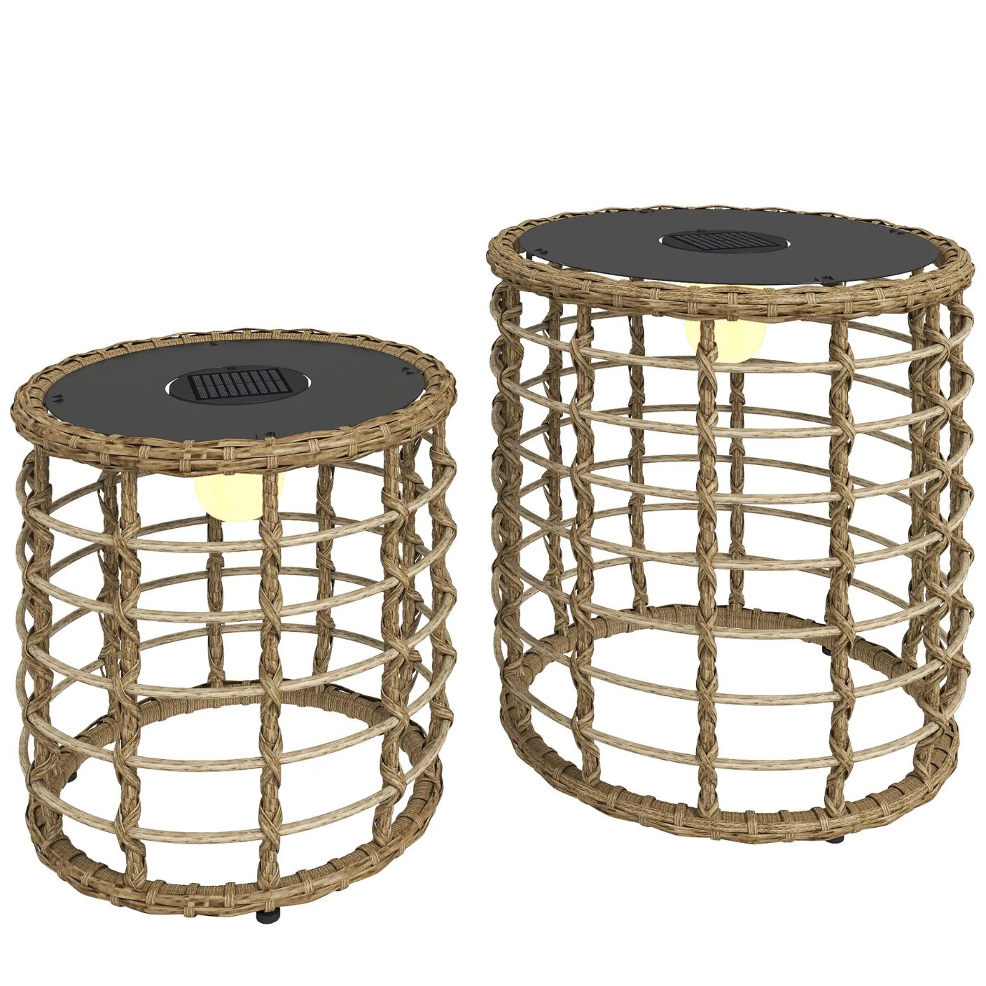 Rattan-Solarlampen – 2er-Set Beistelltische mit Beleuchtung für Terrasse – Ø45 & 35 cm