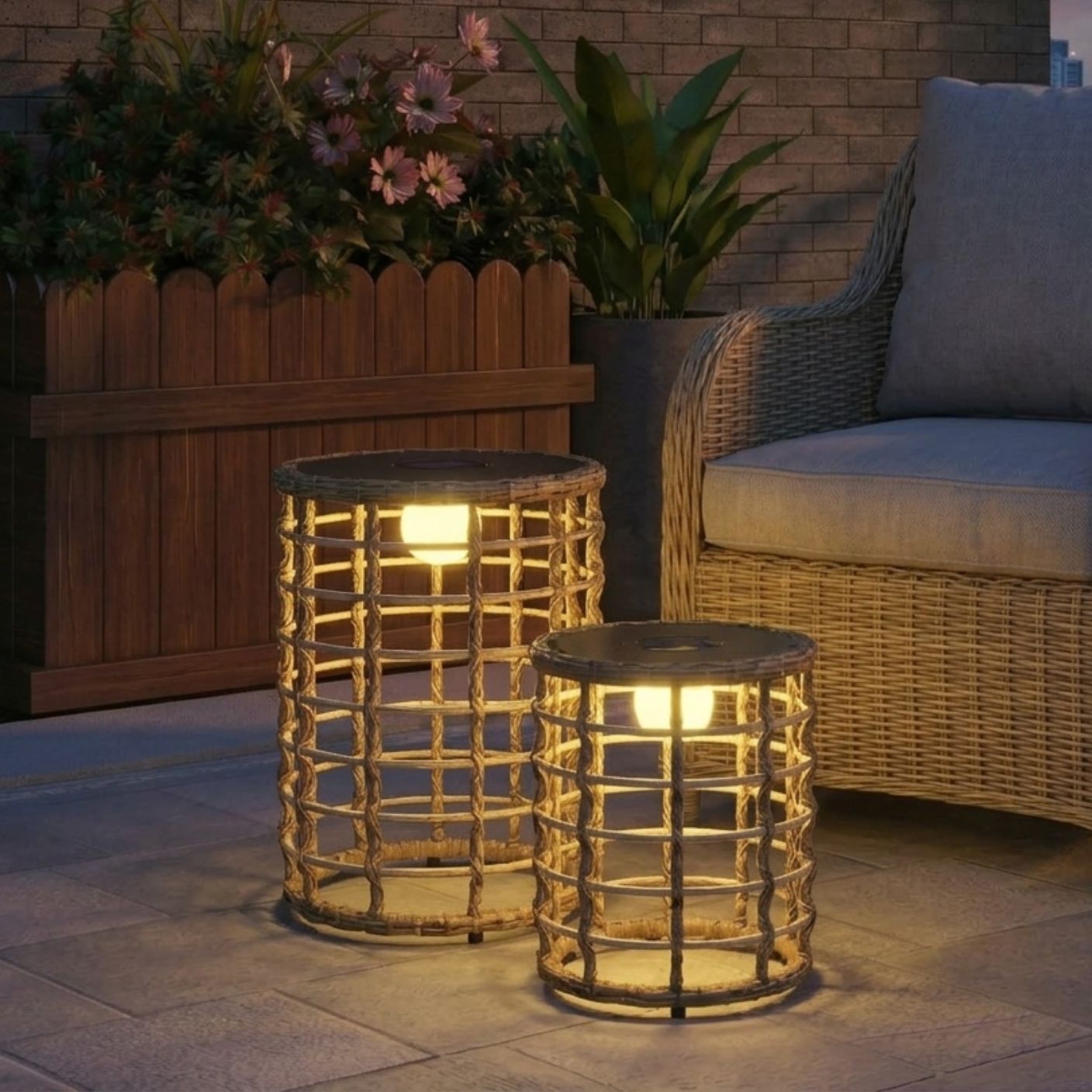 Rattan-Solarlampen – 2er-Set Beistelltische mit Beleuchtung für Terrasse – Ø45 & 35 cm