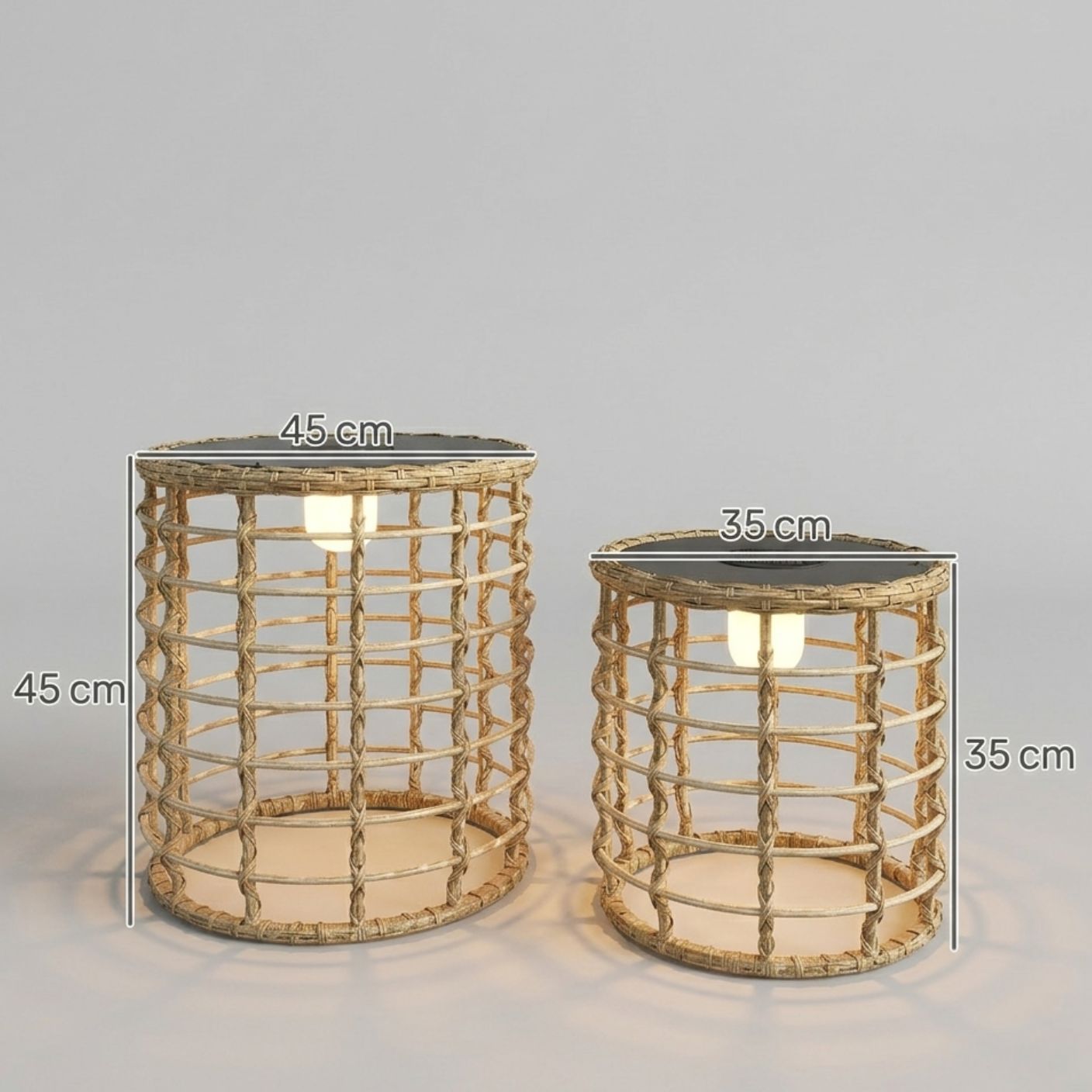 Rattan-Solarlampen – 2er-Set Beistelltische mit Beleuchtung für Terrasse – Ø45 & 35 cm