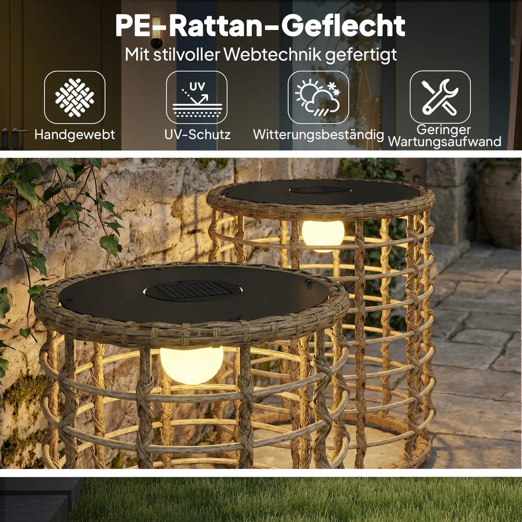 Rattan-Solarlampen – 2er-Set Beistelltische mit Beleuchtung für Terrasse – Ø45 & 35 cm