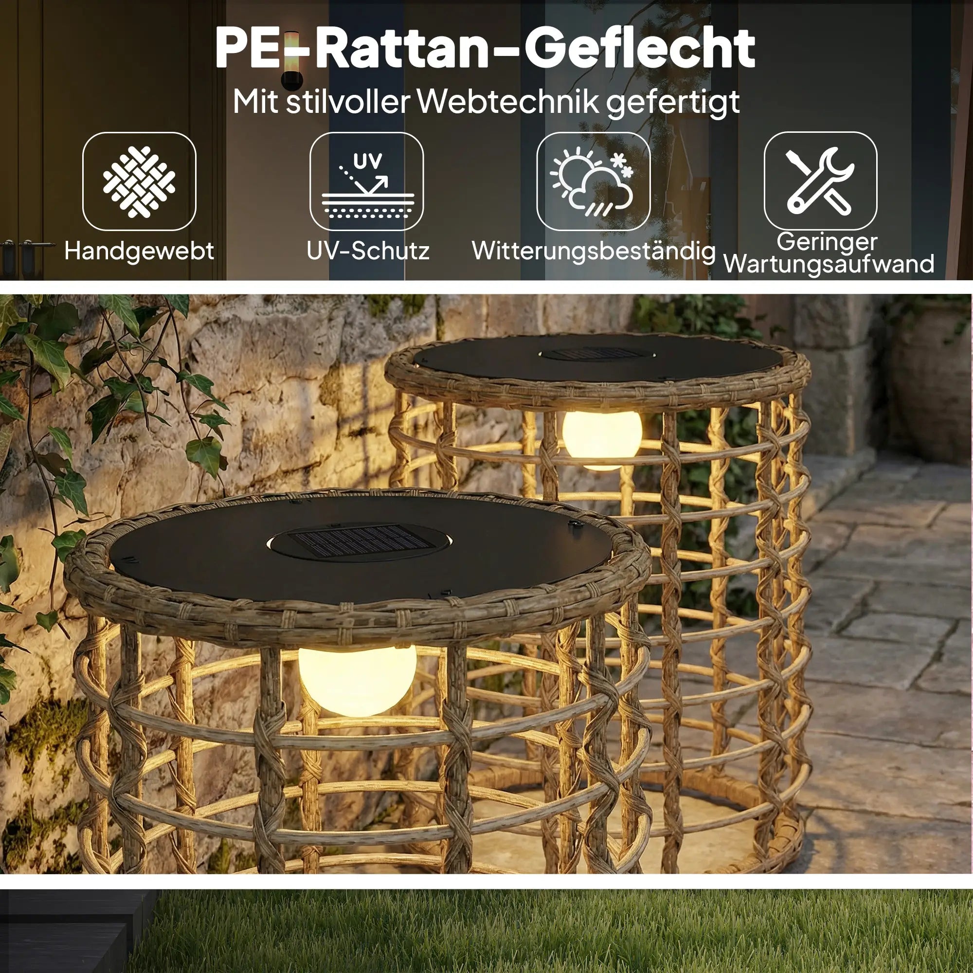 Rattan-Solarlampen – 2er-Set Beistelltische mit Beleuchtung für Terrasse – Ø45 & 35 cm