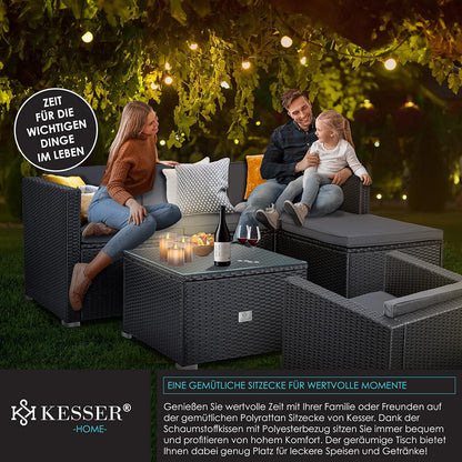 KESSER Polyrattan Lounge Aruba Anthrazit für 4-5 Personen mit Sofa, Sessel, Hocker & Tisch, Wetterfeste Gartenmöbel