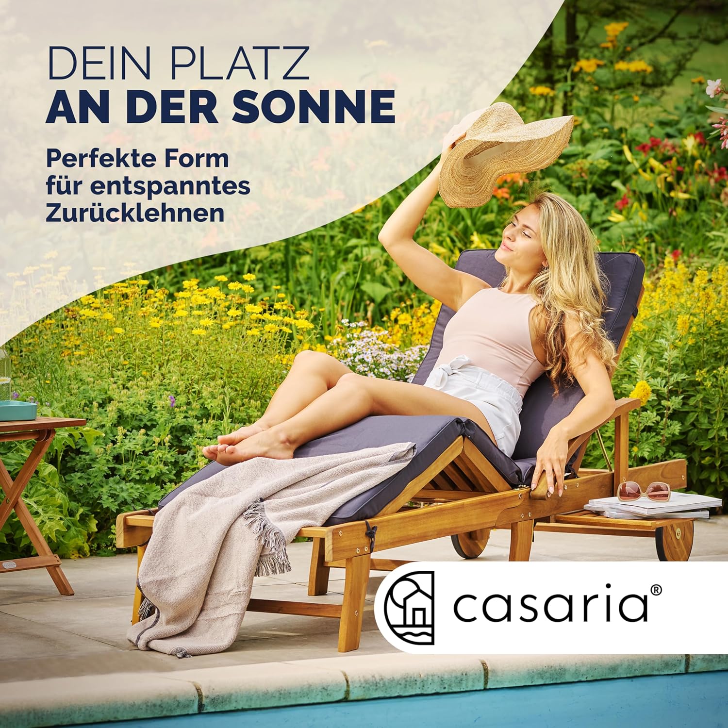 Casaria Sonnenliege 2er Set Akazienholz Klappbar Wetterfest mit Rädern & Ausziehtisch Gartenliege Braun 196 cm