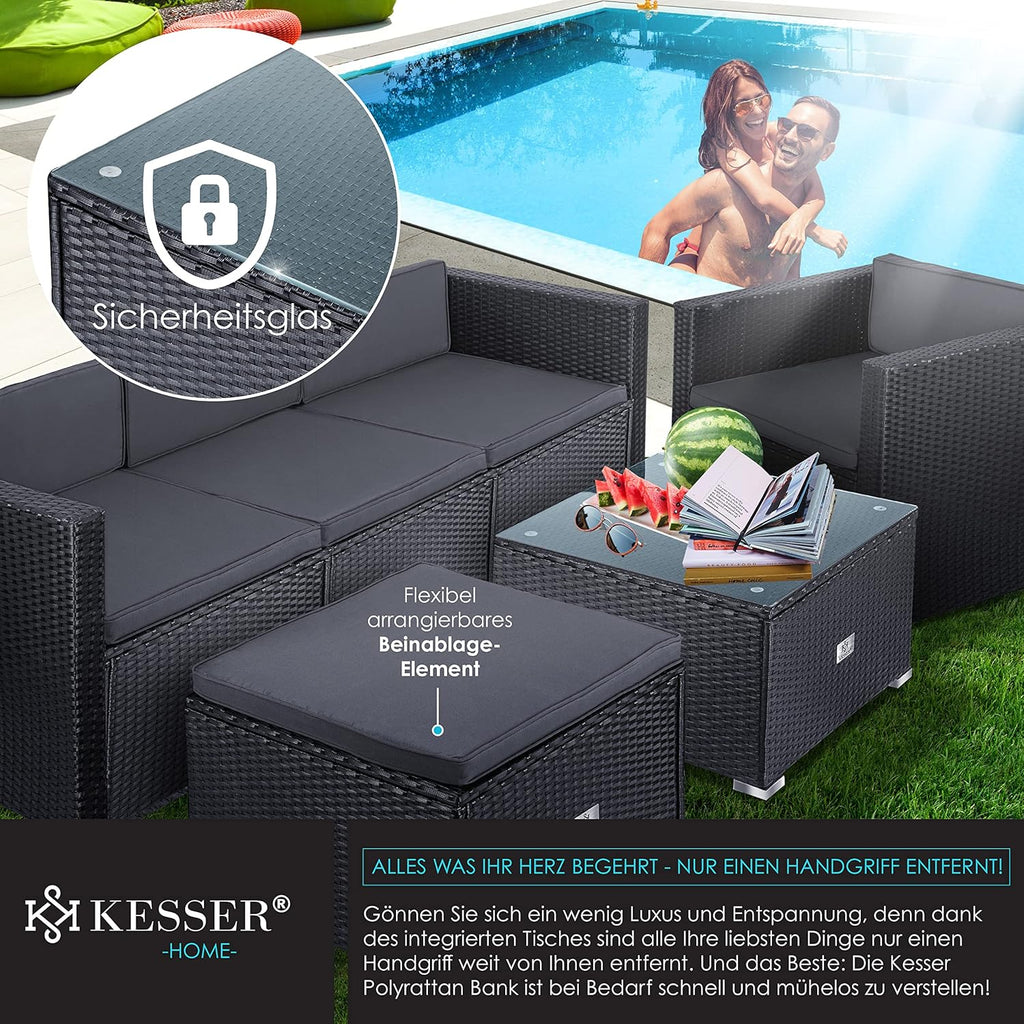 KESSER Polyrattan Lounge Aruba Anthrazit für 4-5 Personen mit Sofa, Sessel, Hocker & Tisch, Wetterfeste Gartenmöbel