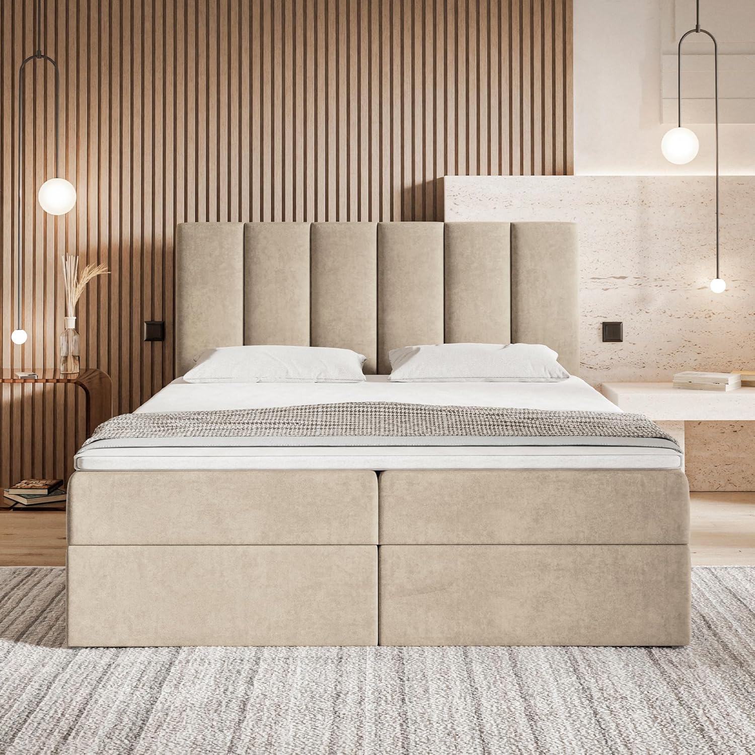 Motivena Santiago Boxspringbett 160x200 Beige Samt – Bett mit Bettkasten, Bonellfederkern Matratze H4 & Komfortschaum Topper H3