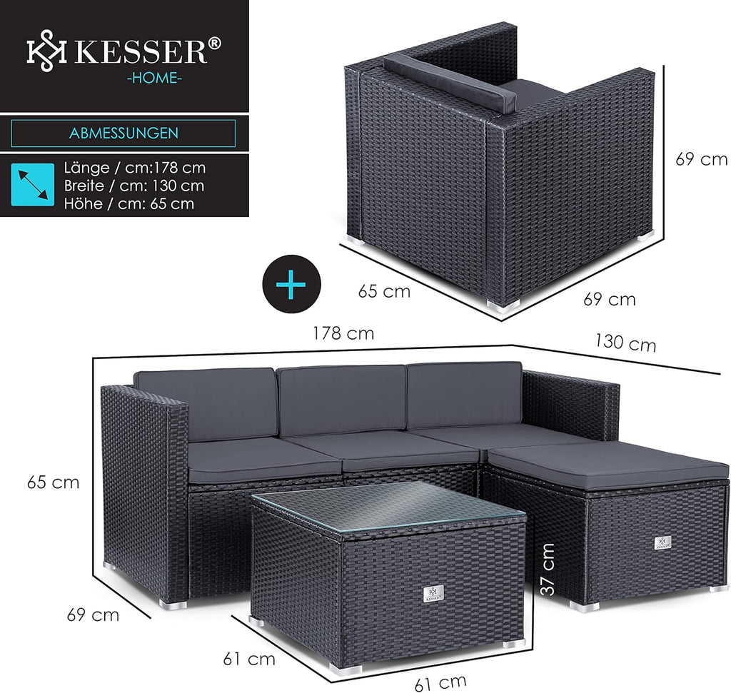 KESSER Polyrattan Lounge Aruba Anthrazit für 4-5 Personen mit Sofa, Sessel, Hocker & Tisch, Wetterfeste Gartenmöbel