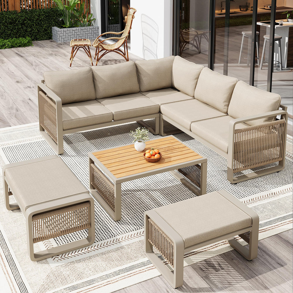 Merax Gartenmöbel Lounge Set Grau für 6-7 Personen, Wetterfestes Gartensofa mit Liege & Eckgarnitur für Terrasse und Balkon