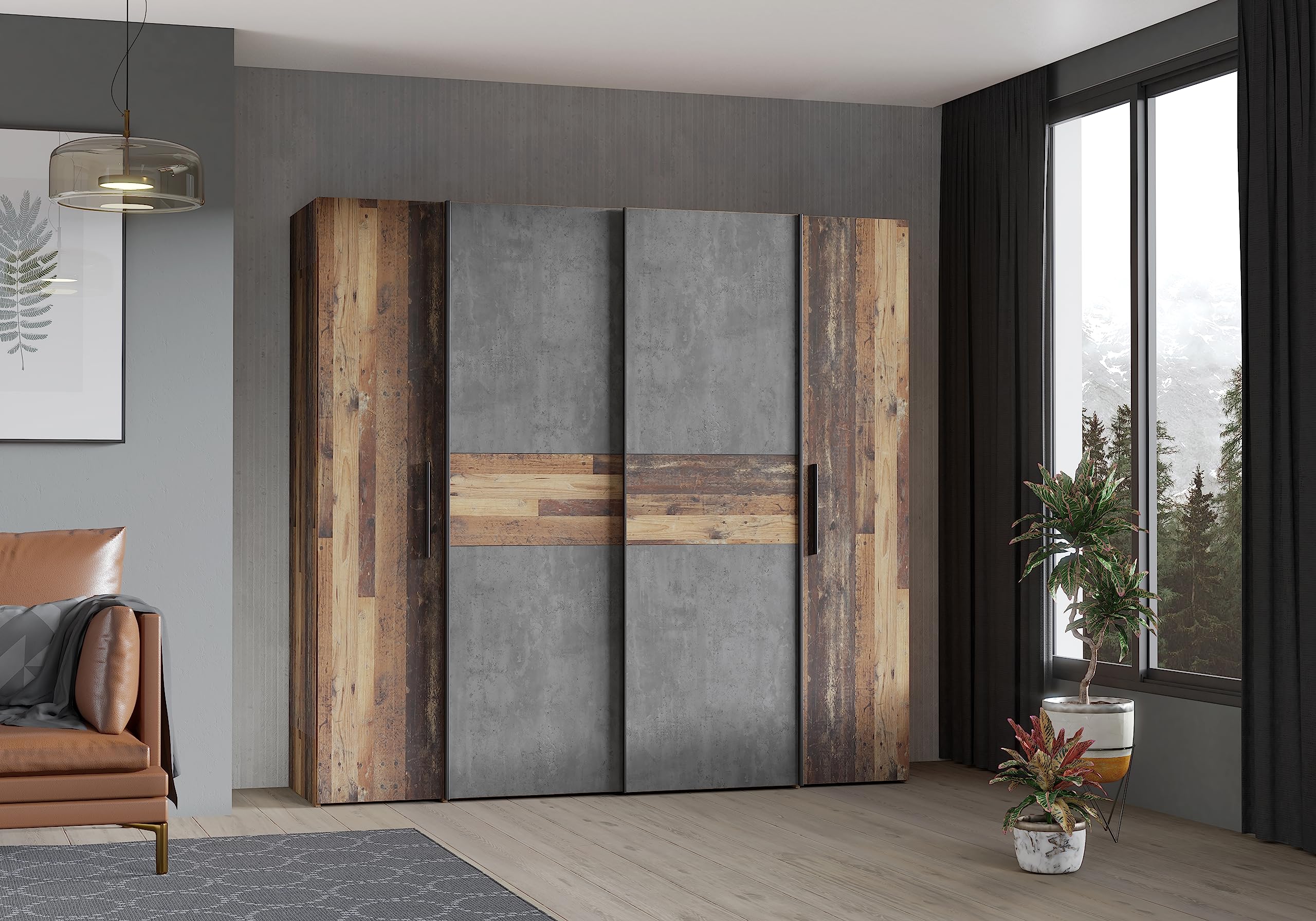 Forte Kalixtus Kleiderschrank mit Schwebetüren – Moderner 4-türiger Kleiderschrank aus Holzwerkstoff mit Kleiderstange & Einlegeböden