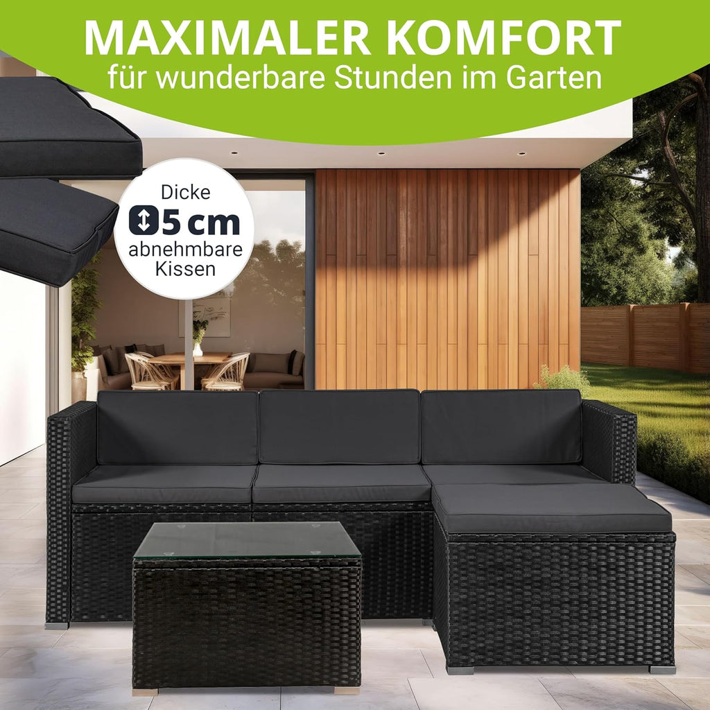Juskys Polyrattan Lounge Set für 3-4 Personen mit Sofa, Hocker, Tisch & Kissen, Wetterfeste Gartenmöbel