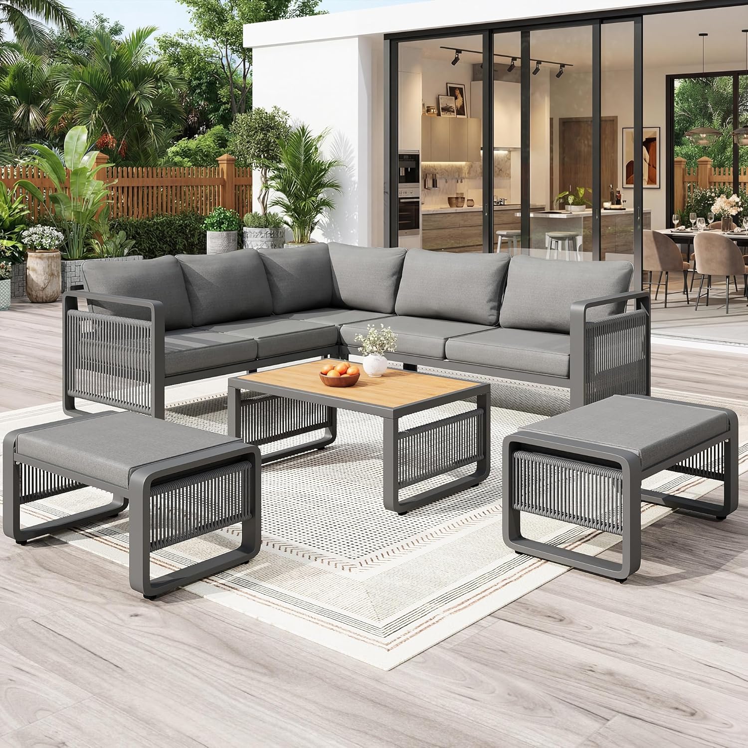 Merax Gartenmöbel Lounge Set Grau für 6-7 Personen, Wetterfestes Gartensofa mit Liege & Eckgarnitur für Terrasse und Balkon