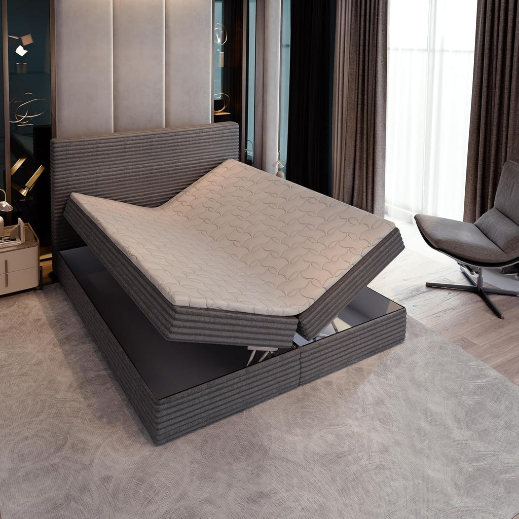 Masseno Boxspringbett PISA Polsterbett Creme mit Matratze & Topper, Bettkasten, gepolstertes Kopfteil TILIA 03