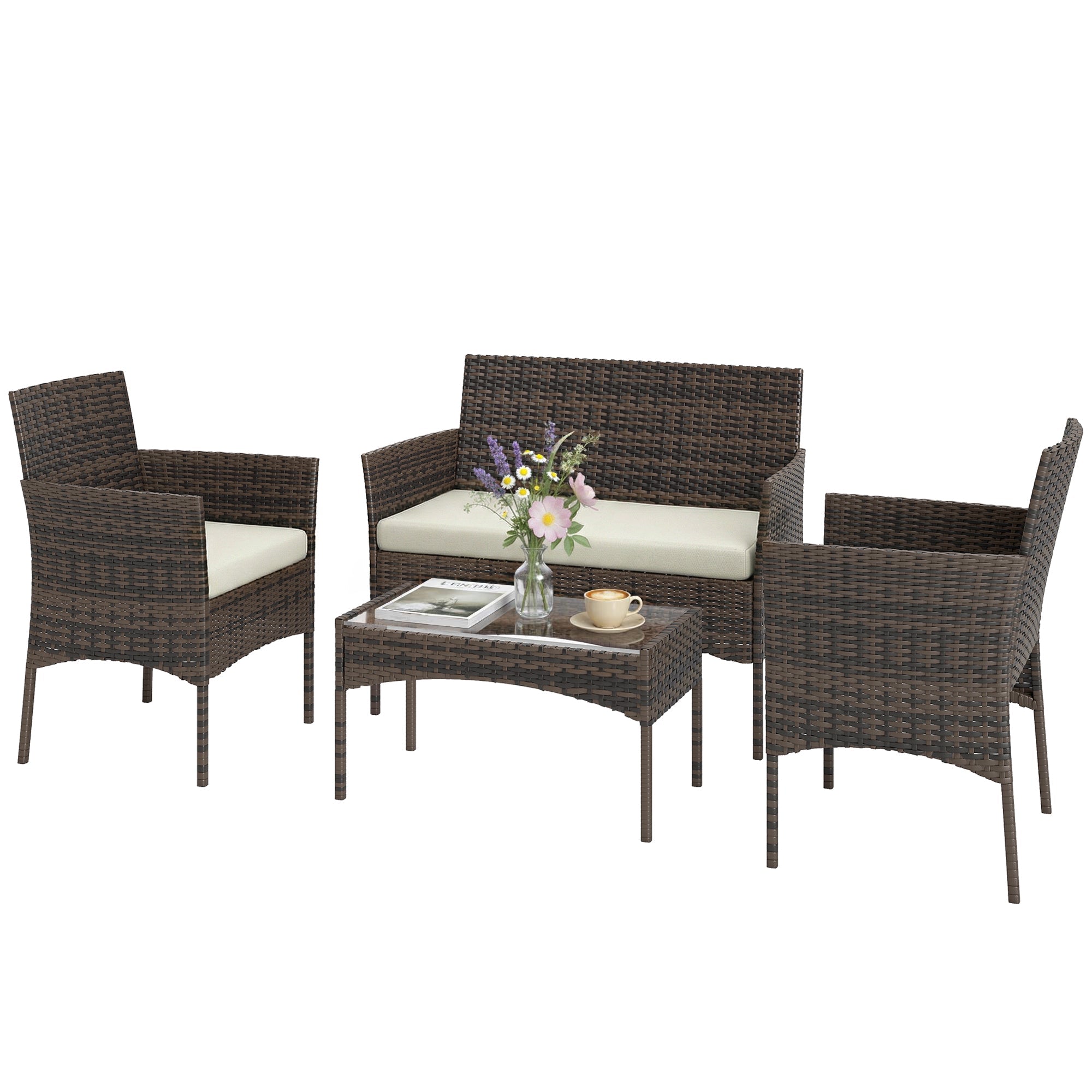Komplette Loungegruppe aus Polyrattan für 4 Personen – Sofa, Sessel & Couchtisch mit Glas – Braun/Beige