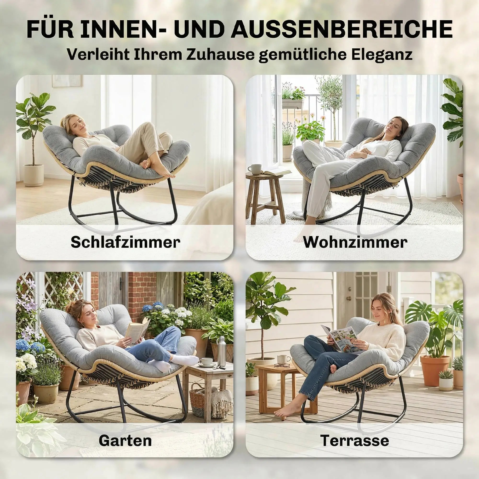 Großer Schaukelnder Lounge-Sessel aus Polyrattan – Dickes Kissen – für Innen und Außen