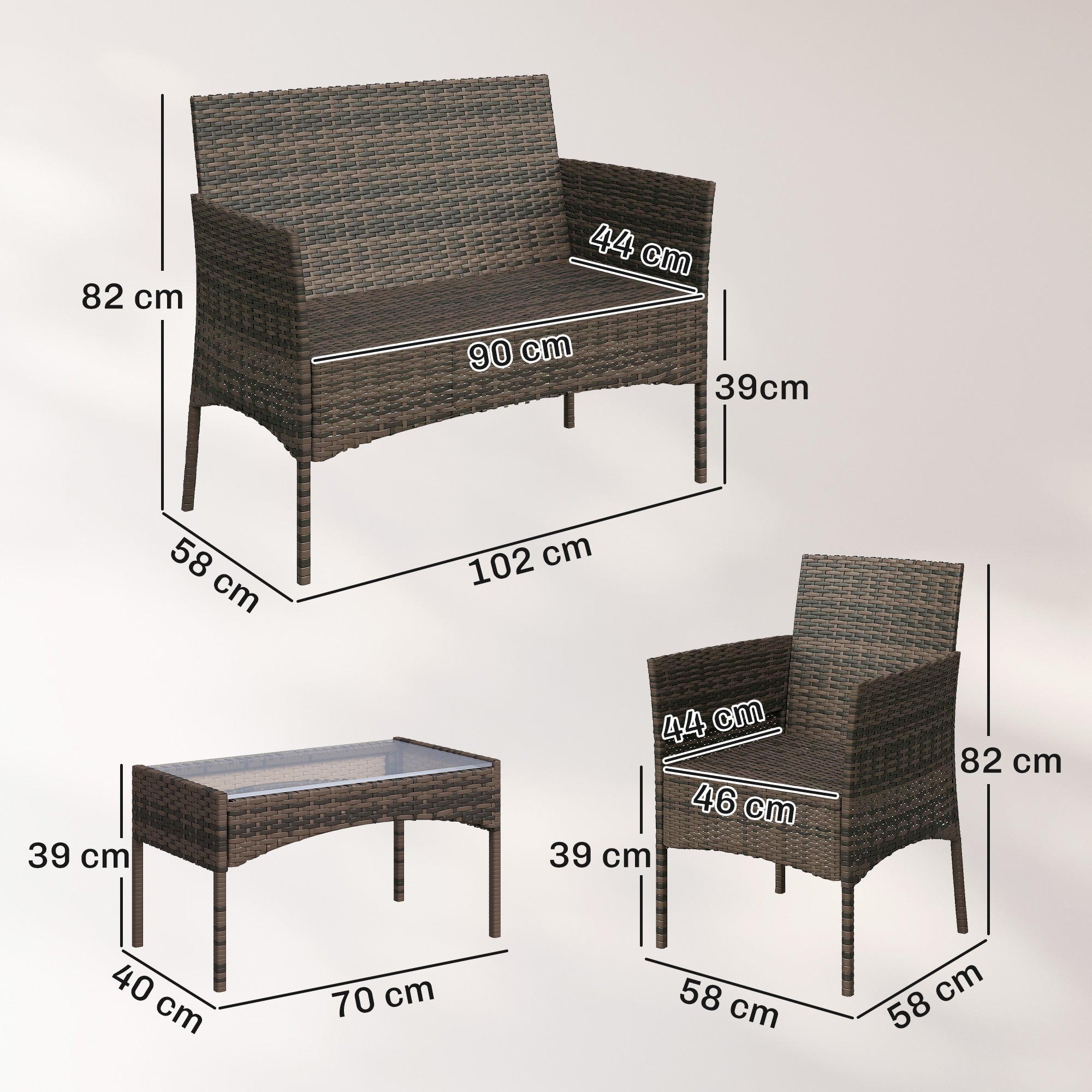 Komplette Loungegruppe aus Polyrattan für 4 Personen – Sofa, Sessel & Couchtisch mit Glas – Braun/Beige