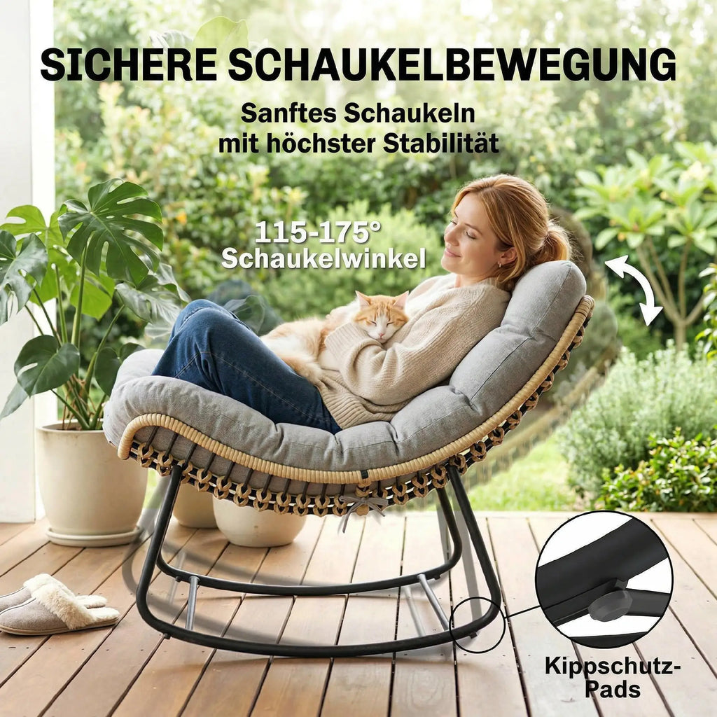Großer Schaukelnder Lounge-Sessel aus Polyrattan – Dickes Kissen – für Innen und Außen