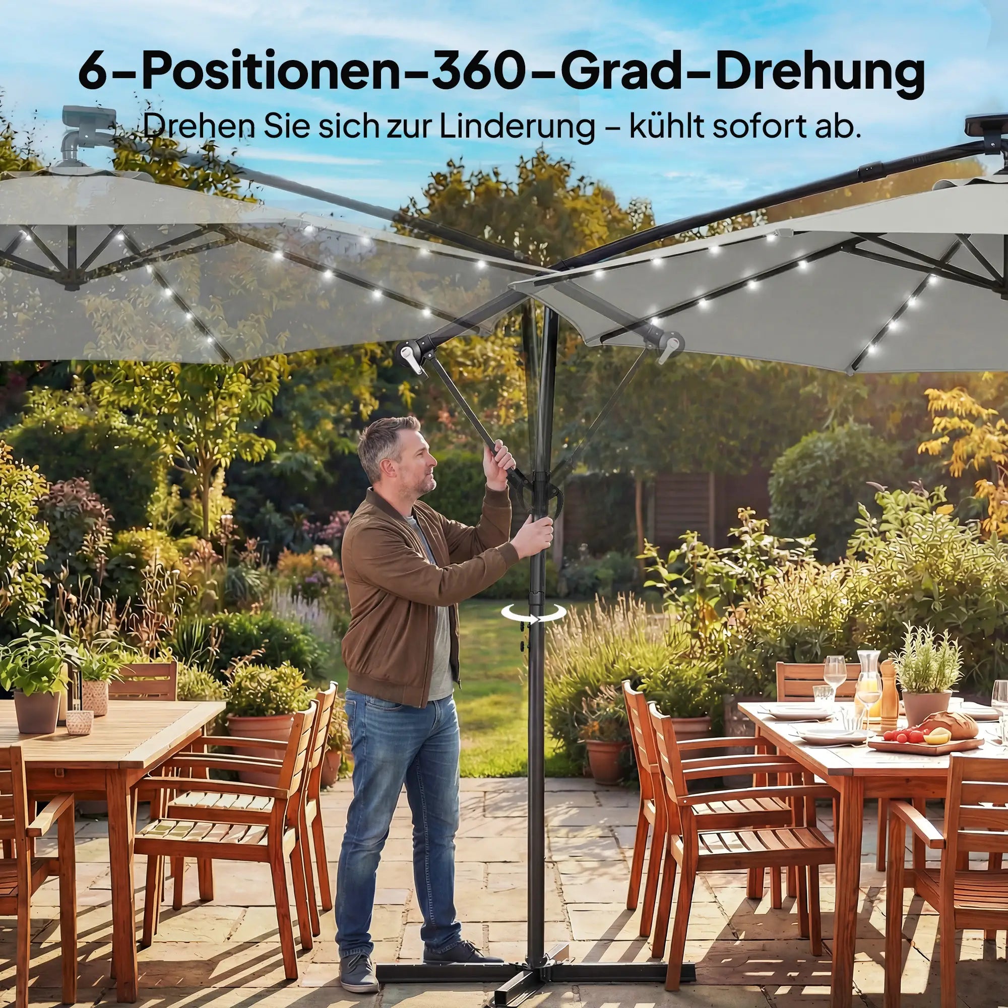 Ampelschirm 3×3 m mit Integrierter LED-Beleuchtung – 360° Verstellbar für Terrasse & Garten