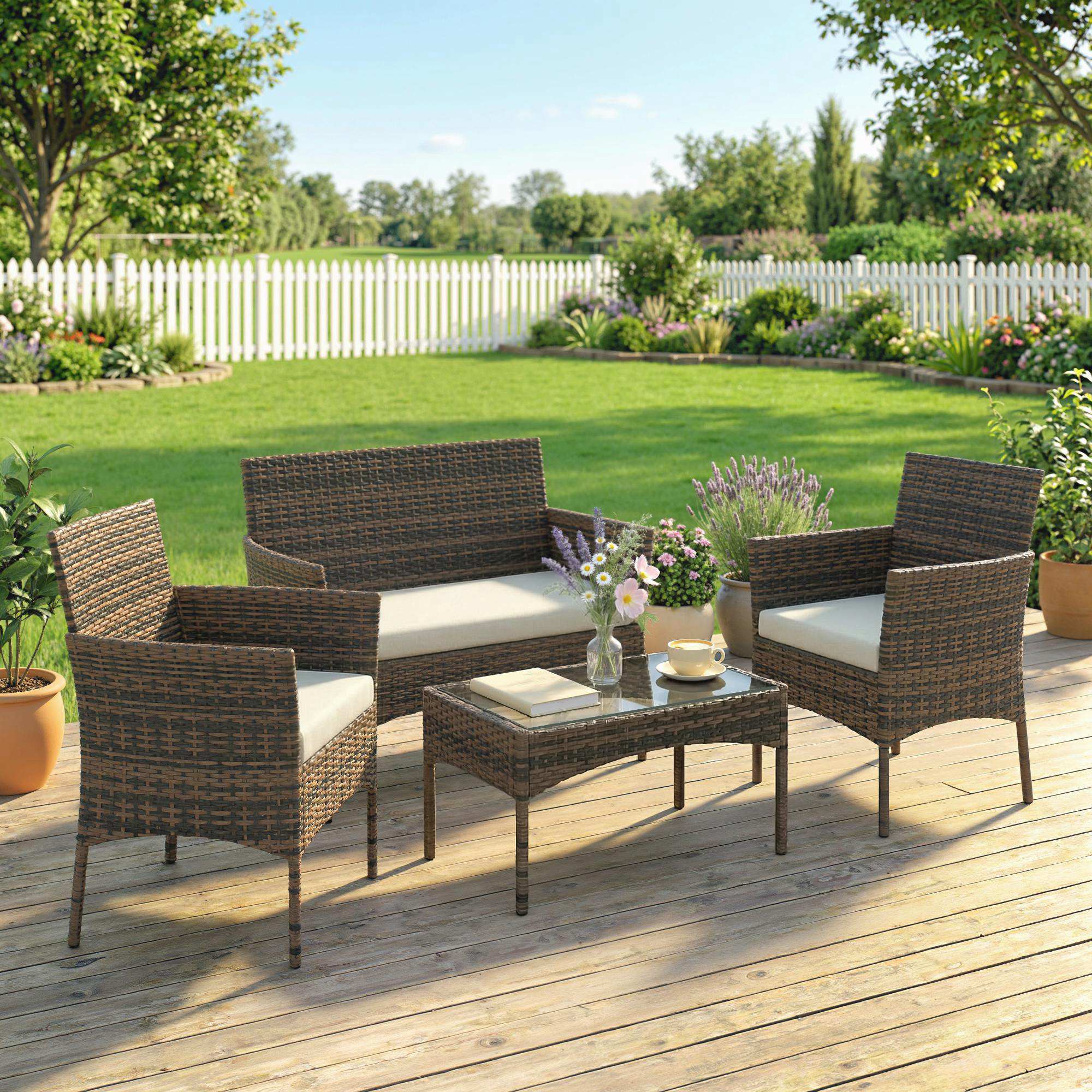 Komplette Loungegruppe aus Polyrattan für 4 Personen – Sofa, Sessel & Couchtisch mit Glas – Braun/Beige