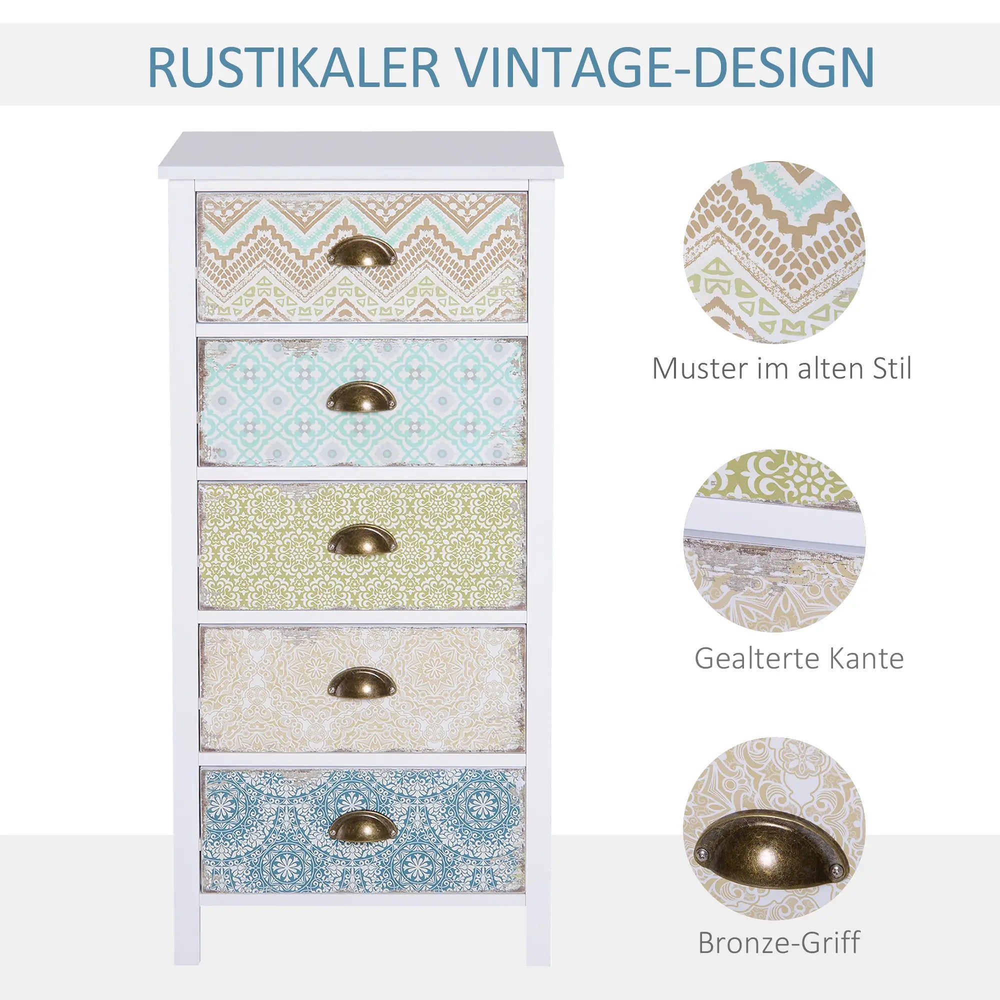 Vintage Kommode mit Gemusterten Fronten – 5 Schubladen