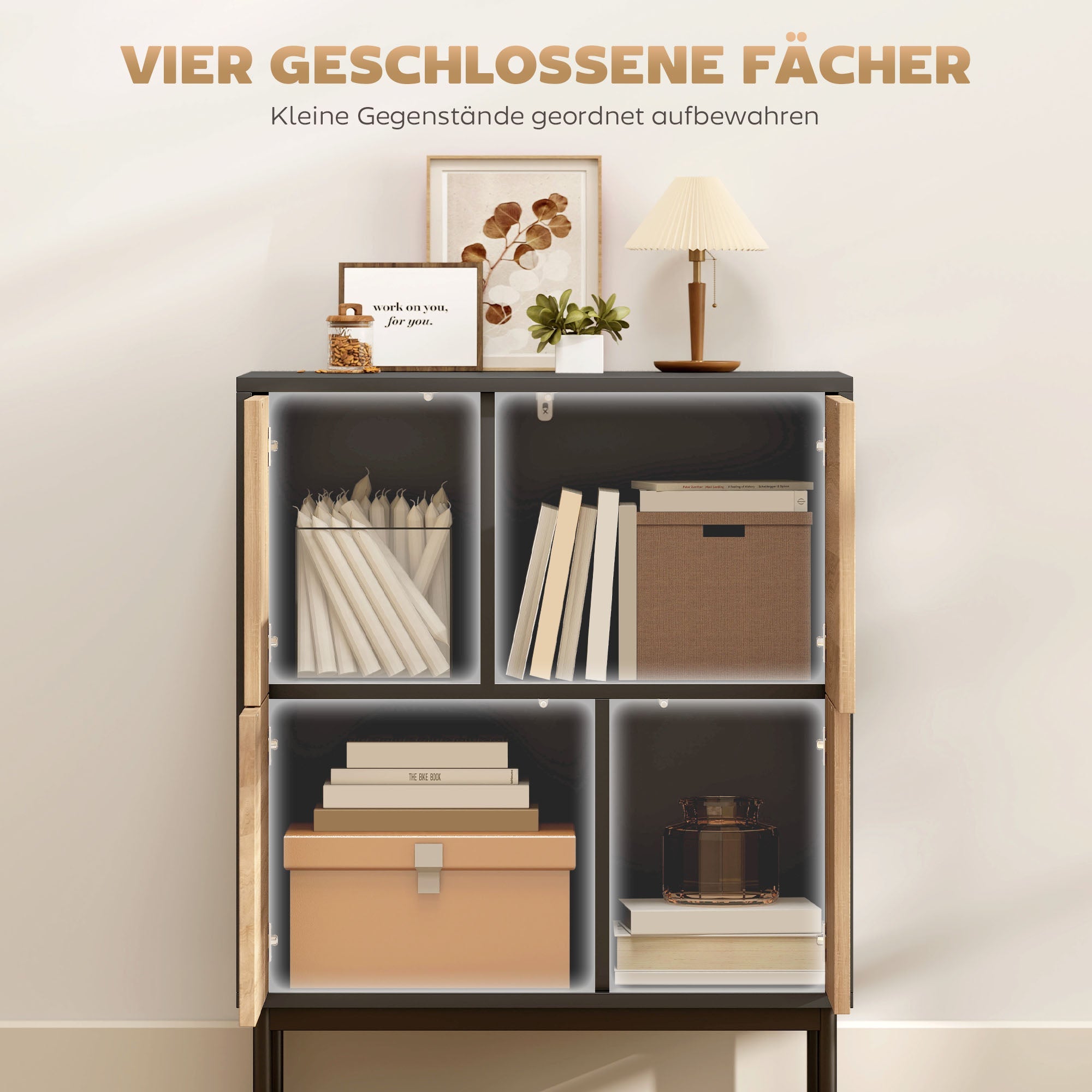 Moderne Kommode mit 4 geschlossenen Fächern – Push-to-Open – Schwarz/Natur