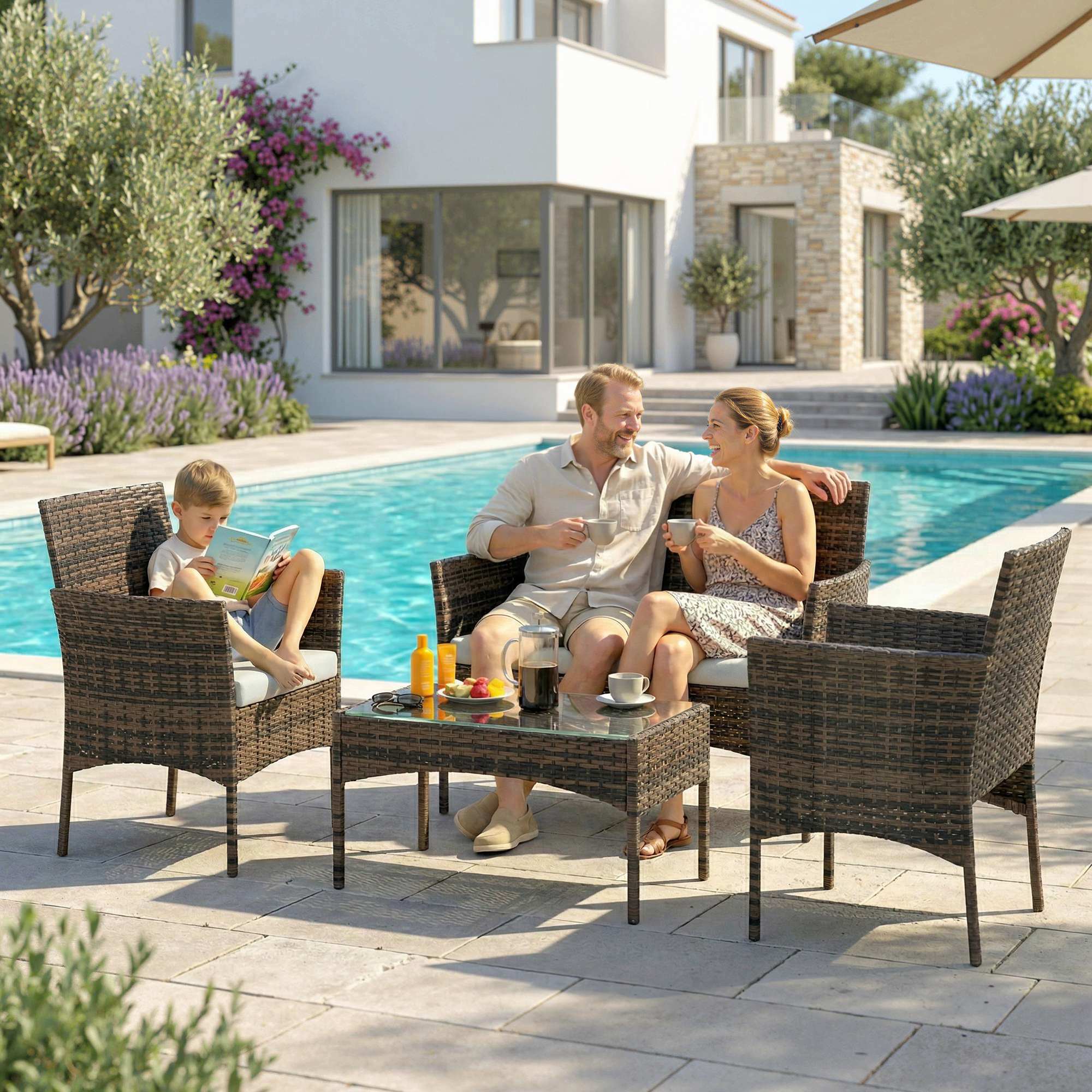 Komplette Loungegruppe aus Polyrattan für 4 Personen – Sofa, Sessel & Couchtisch mit Glas – Braun/Beige